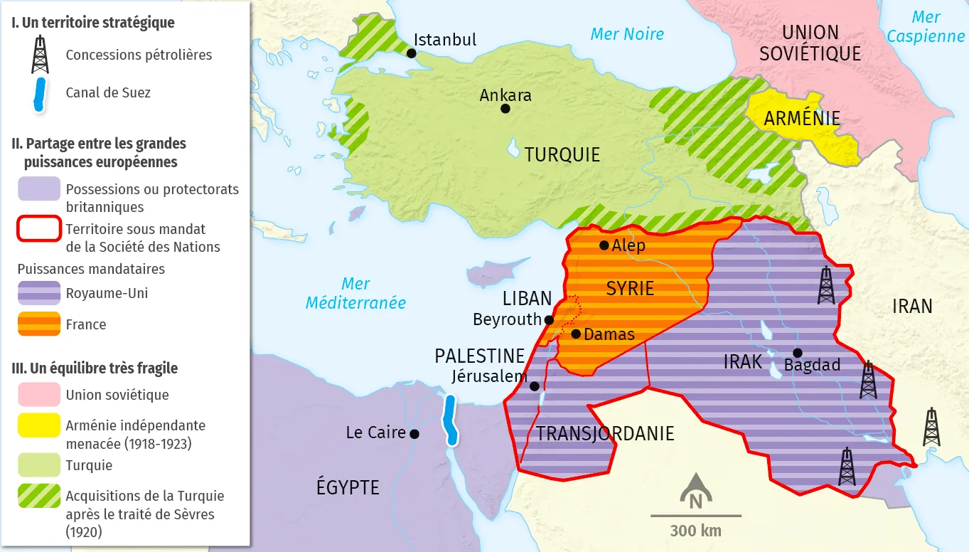 carte Les mandats européens au Proche et Moyen‑Orient (1923)