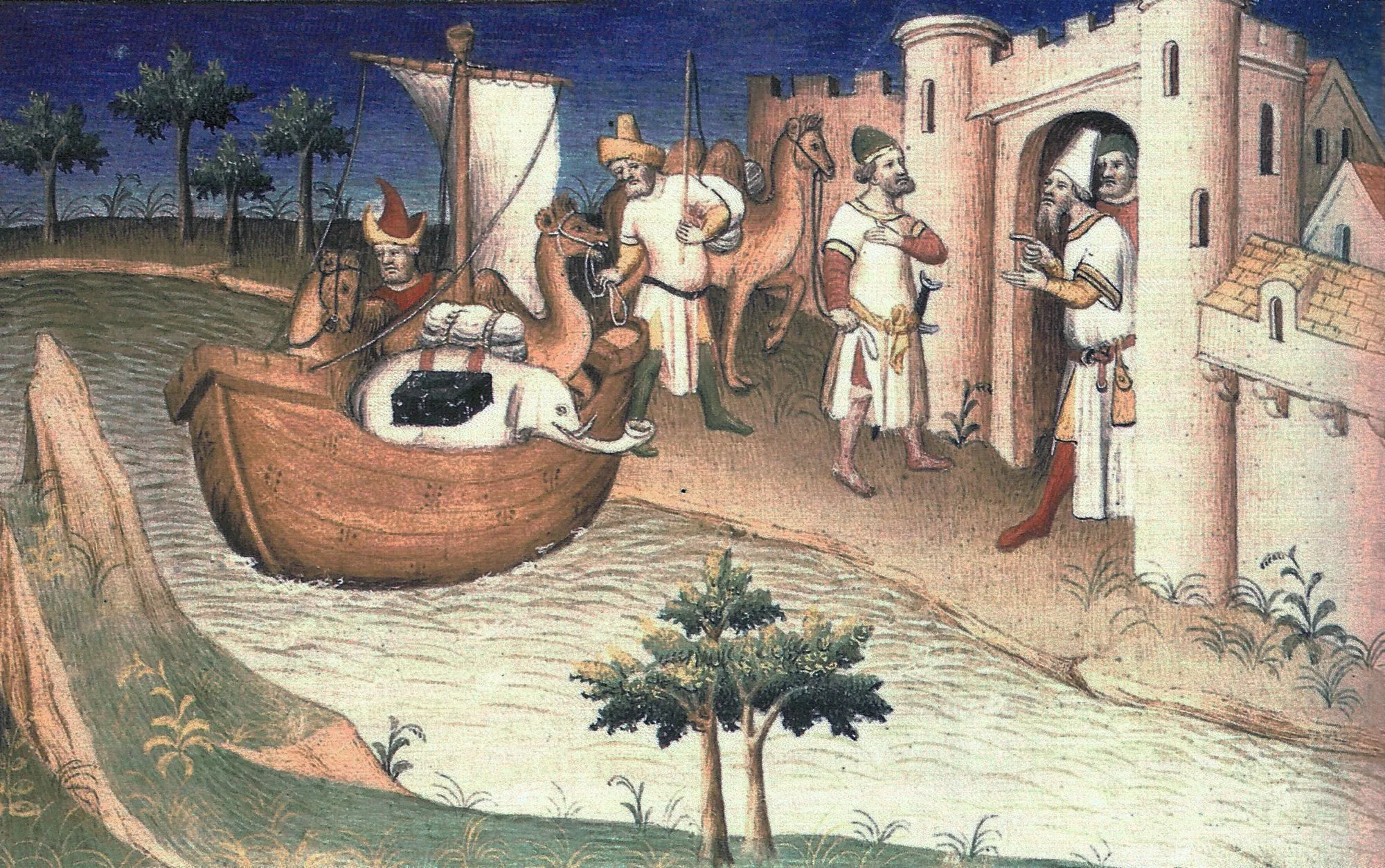 Arrivée à Ormuz, enluminure dans un manuscrit du Devisement du monde de Marco Polo, 1412