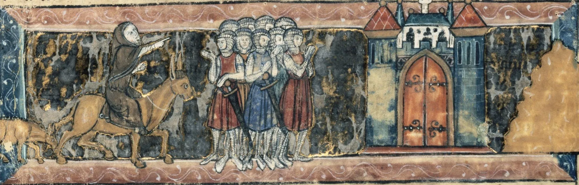 Pierre l'Ermite prêche la croisade, enluminure dans un manuscrit du Roman du Chevalier au Cygne, fin du XIIIe siècle