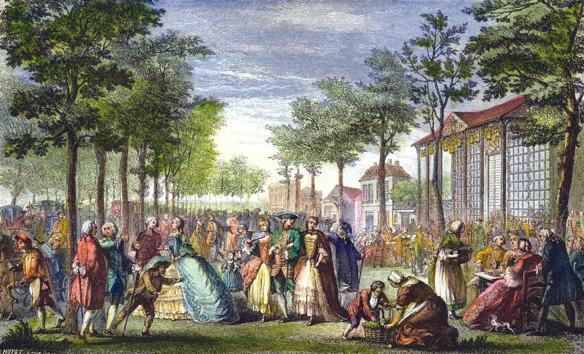 Augustin de Saint-Aubin, Promenade sur les remparts de Paris, vers 1760, estampe, 22 x 36 cm, BnF, Paris