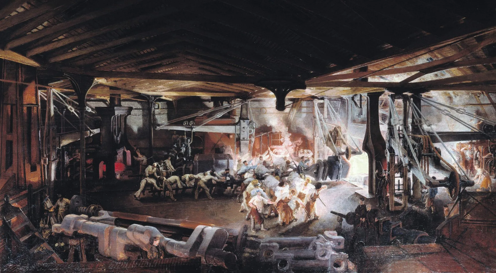 François Bonhommé, Forgeage au marteau-pilon dans les
ateliers d'Indret de l'arbre coudé d'une frégate à hélice de
600 chevaux, v. 1865, huile sur toile, 125 x 220 cm, Écomusée,
Creusot.