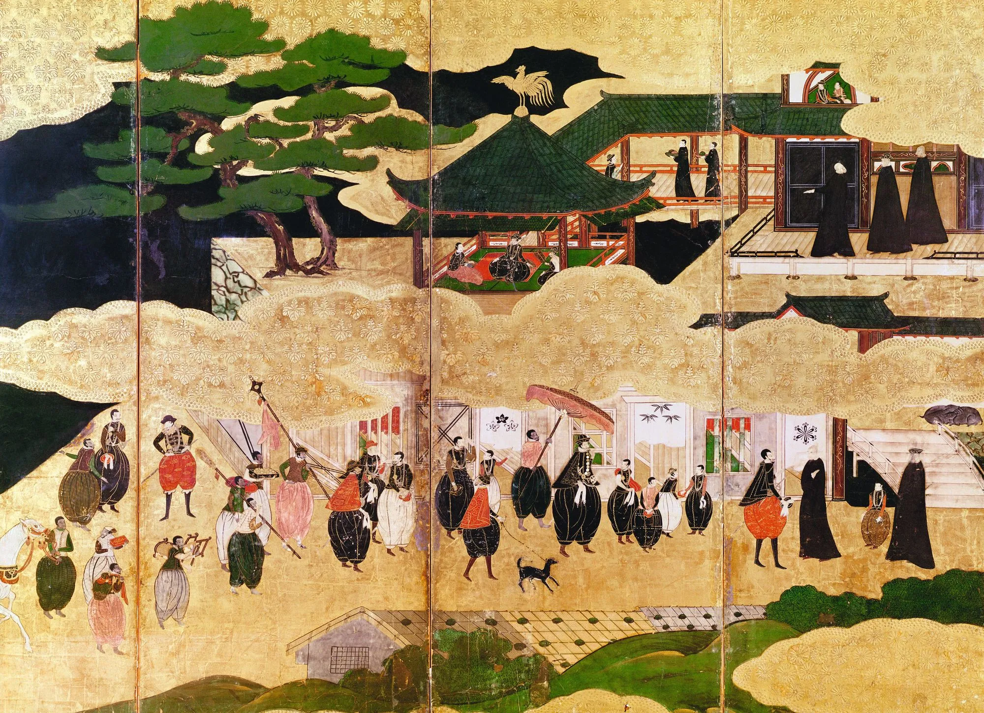 École de Kano, L'Arrivée des Portugais au Japon, XVIe siècle, paravent peint (détail), musée Guimet, Paris