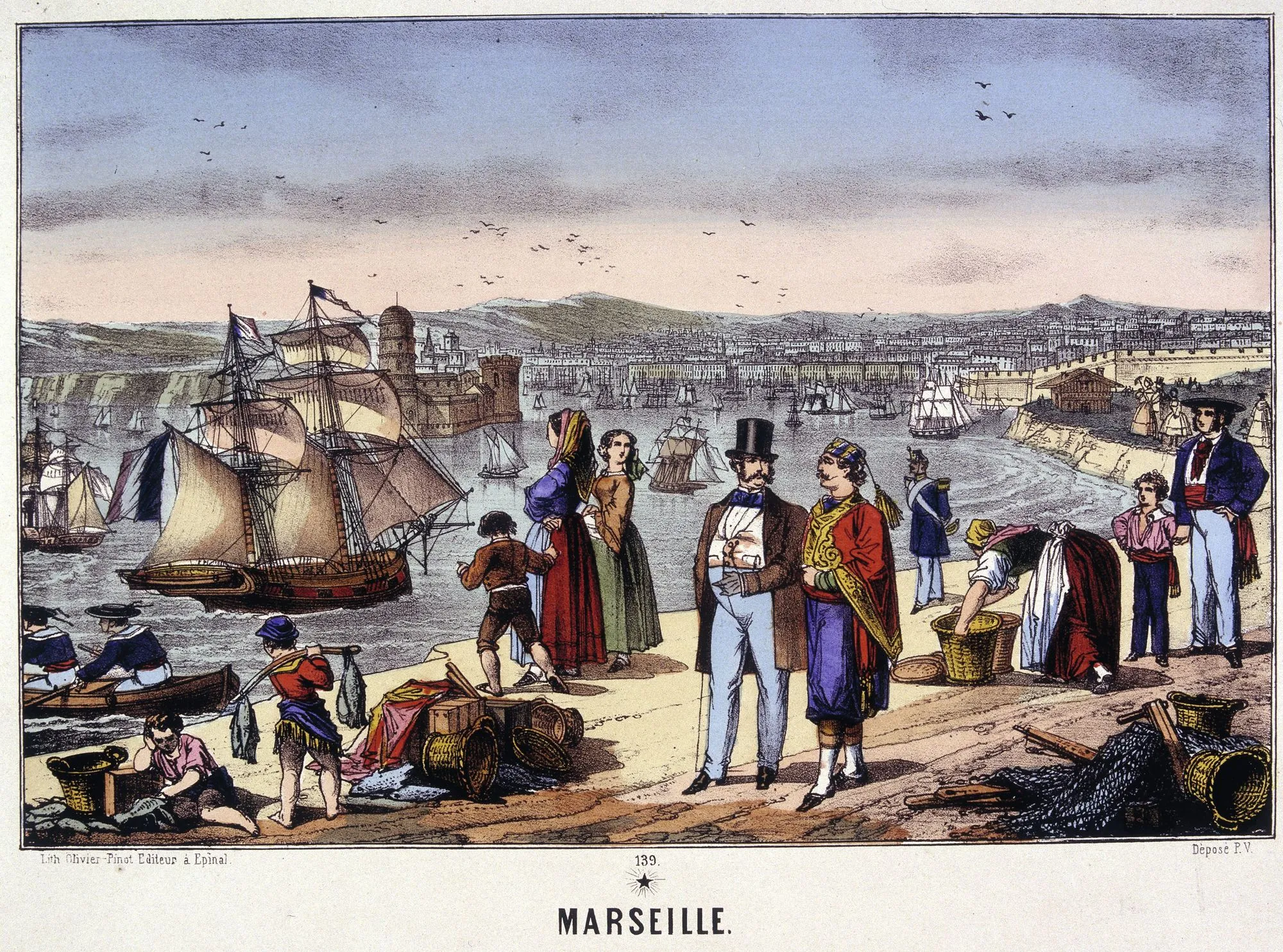 Vue du port de Marseille, gravure en couleur, v. 1857.