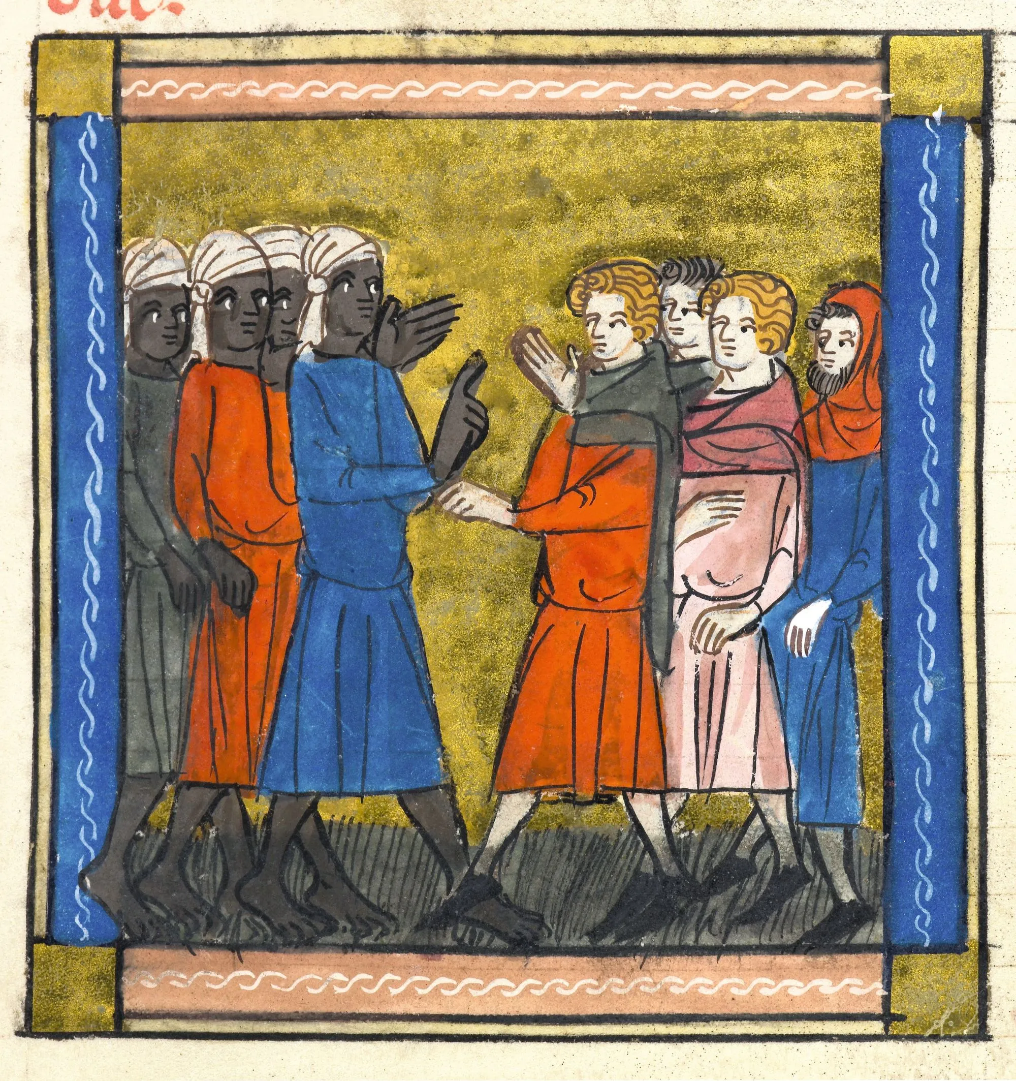 Sarrasins et chrétiens, enluminure dans un manuscrit du Roman d'Alexandre, v. 1340, British Library, Londres