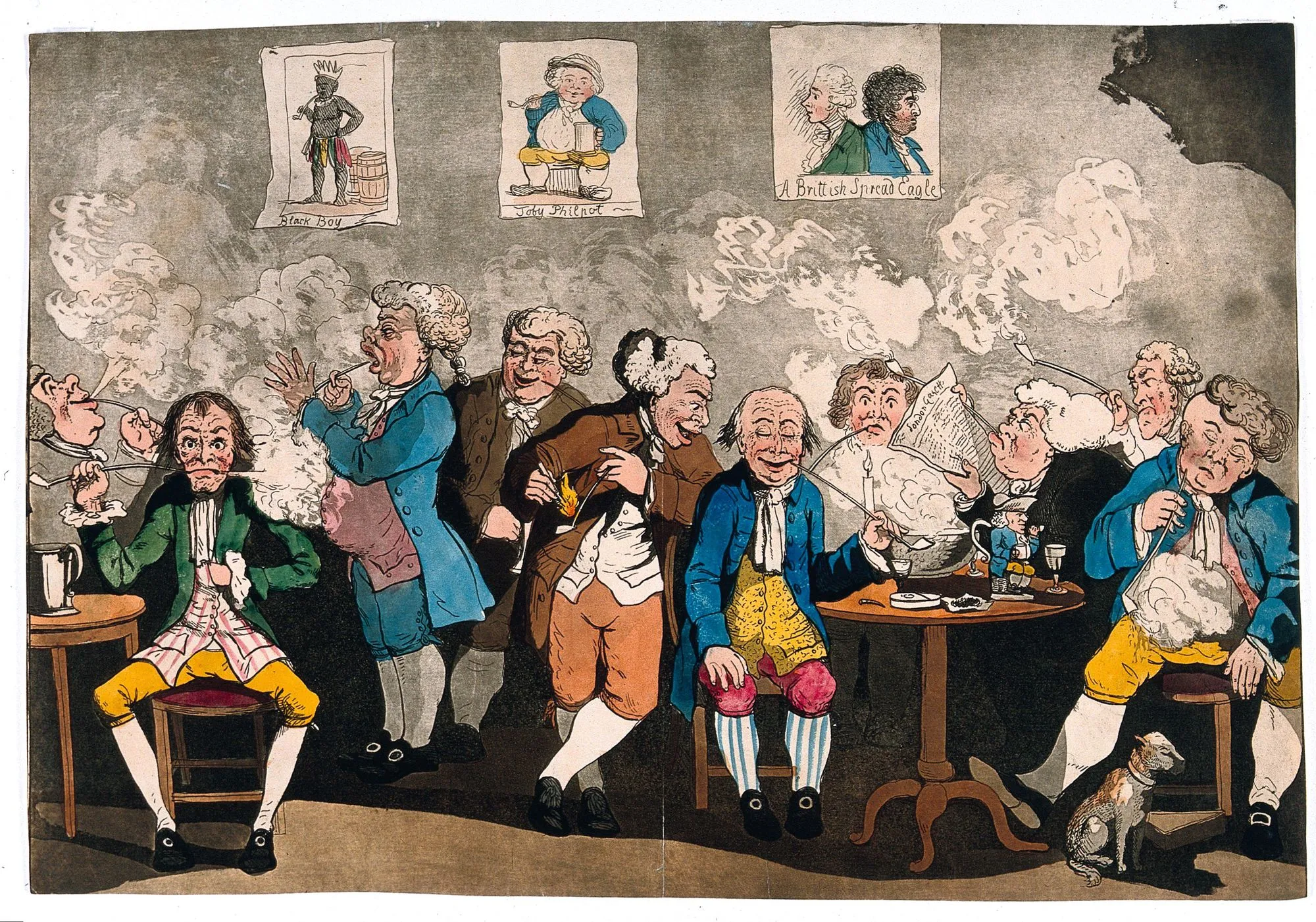 Anonyme, d'après G. M. Woodward, Un club de gentlemen anglais fumant et lisant les journaux, v. 1784, gravure à l'eauforte colorée