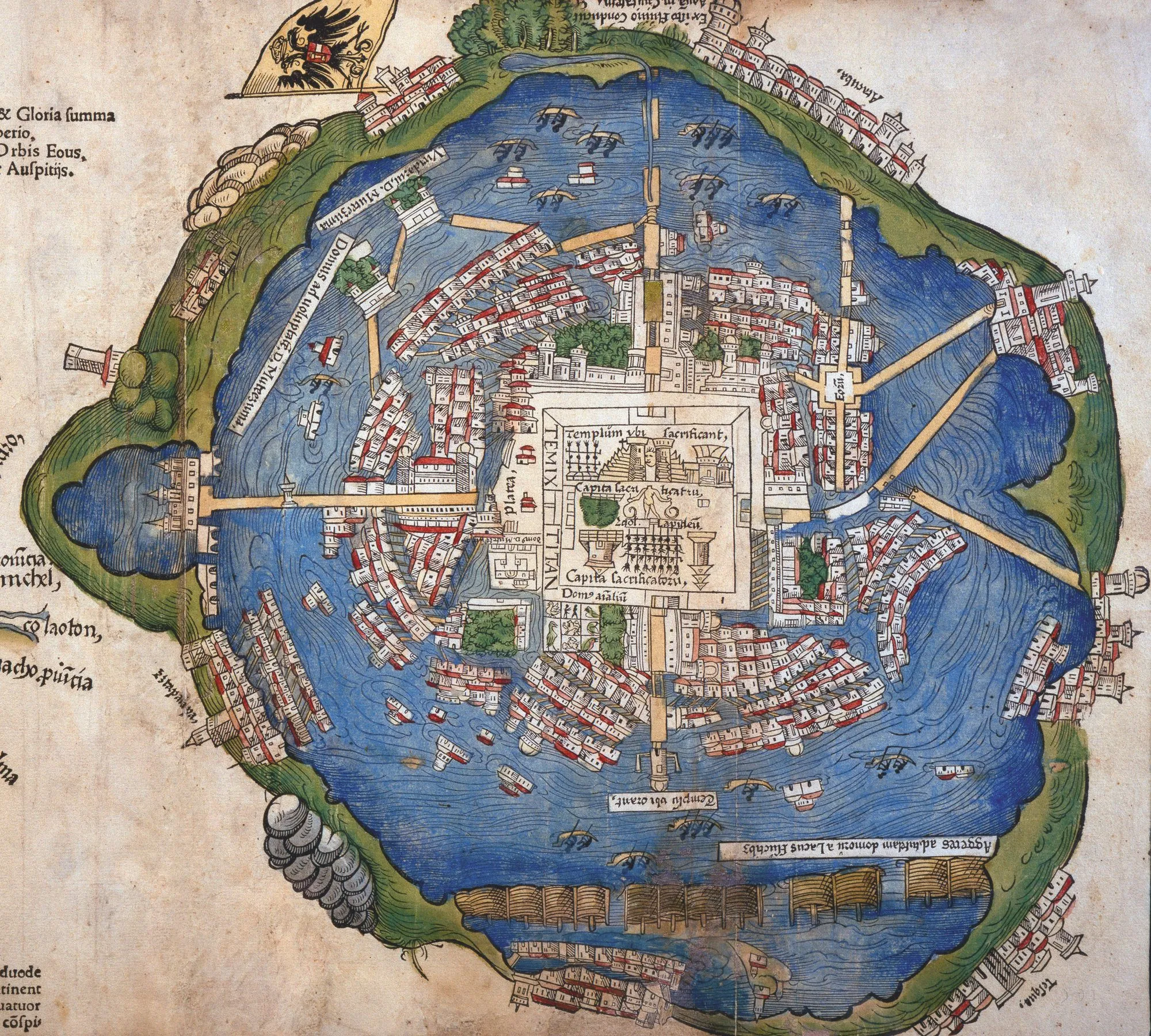 Plan de Tenochtitlan, 1524, gravure colorée à la main (détail), d'après la carte envoyée par Cortès à Charles Quint, imprimée à Nuremberg