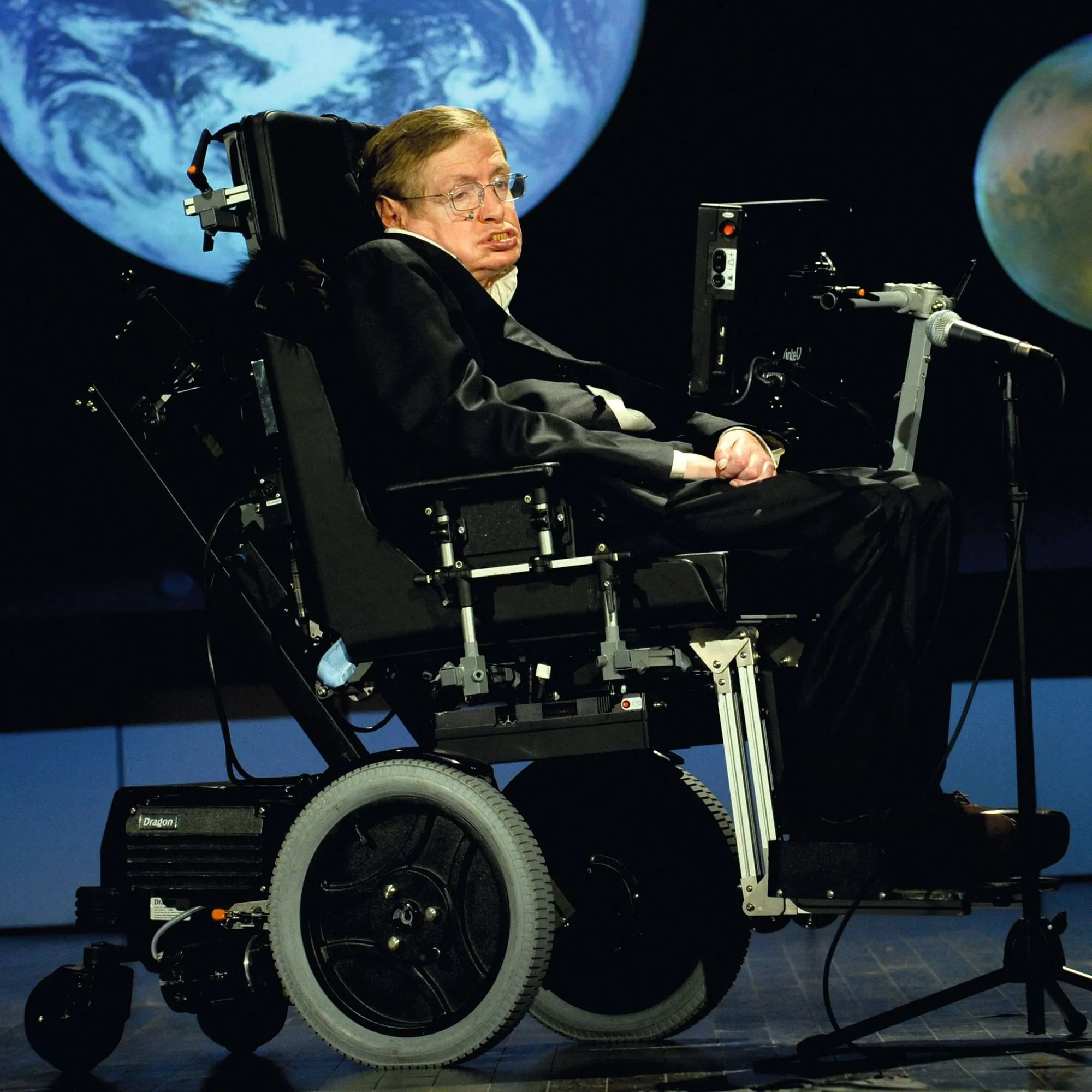 Stephen Hawking giving a lecture for NASA's 50th anniversary, 2008.