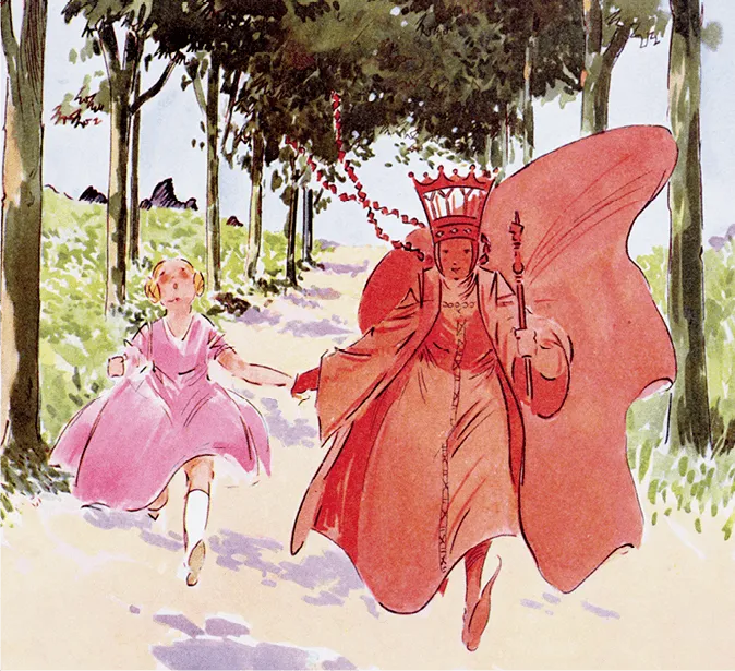 Illustration d'Alice et la reine rouge qui courent, tout en restant à la même place