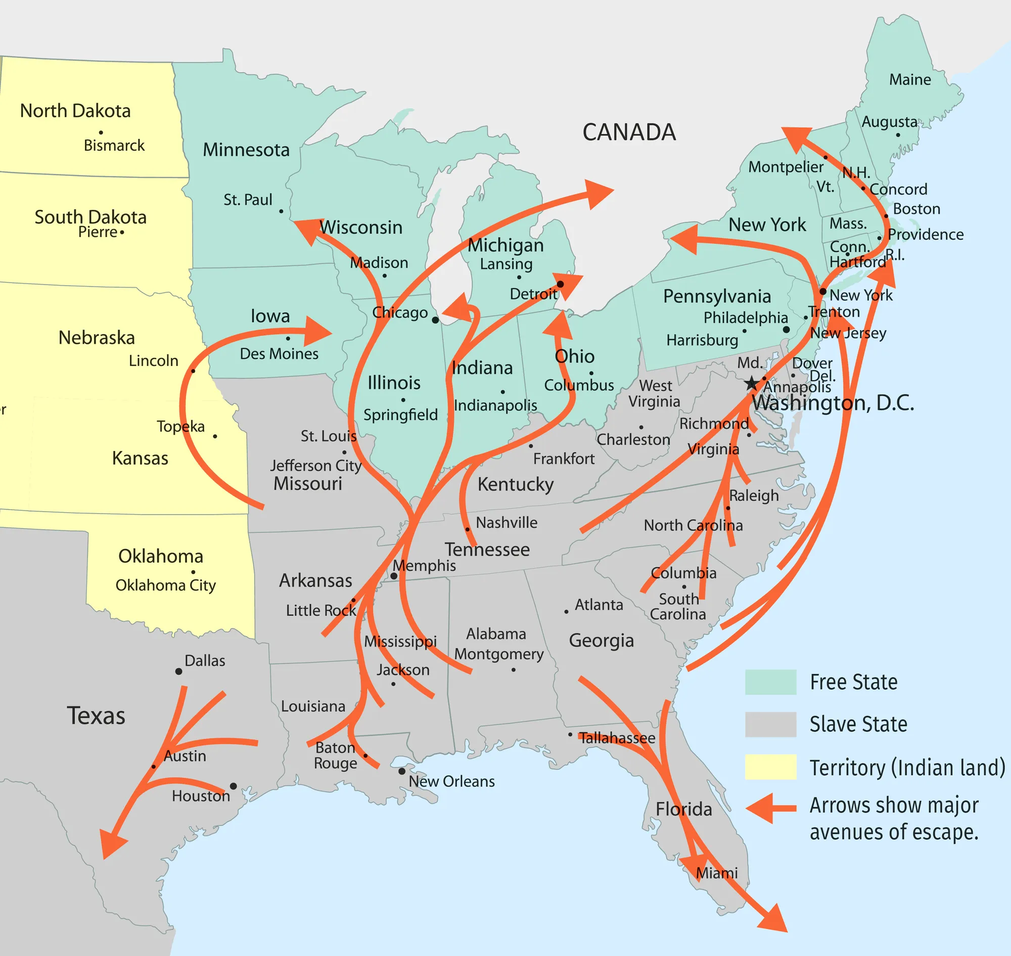 The Underground Railroad, the main routes for the escapees in the 1850s.