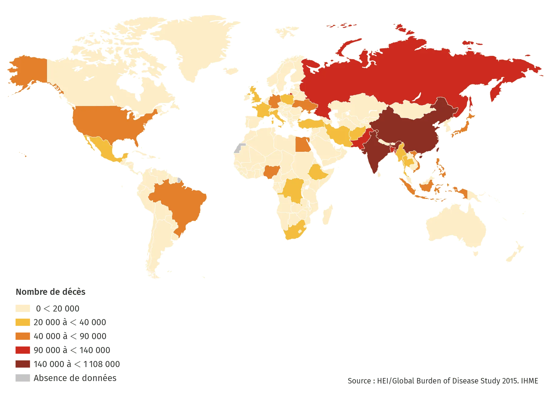 Nombre de décès attribuables aux PM2,5 dans le monde en 2015