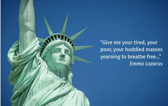 An extract from Emma Lazarus' poem engraved at the foot of the Statue of Liberty, a symbol of the US nation of immigrants.