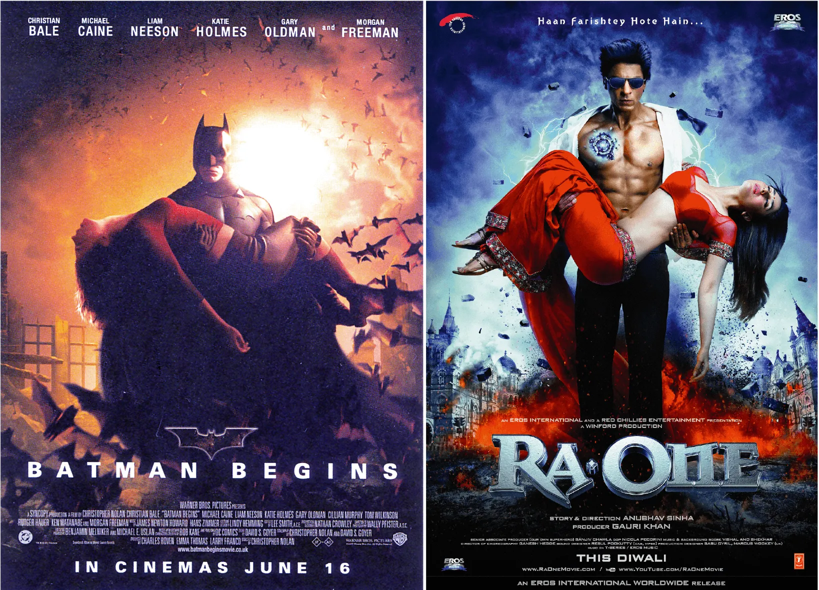 Hollywood and Bollywood twin movie posters: Batman Begins, by Christopher Nolan 2005  and Ra One, by Anubhav Sinha, 2011