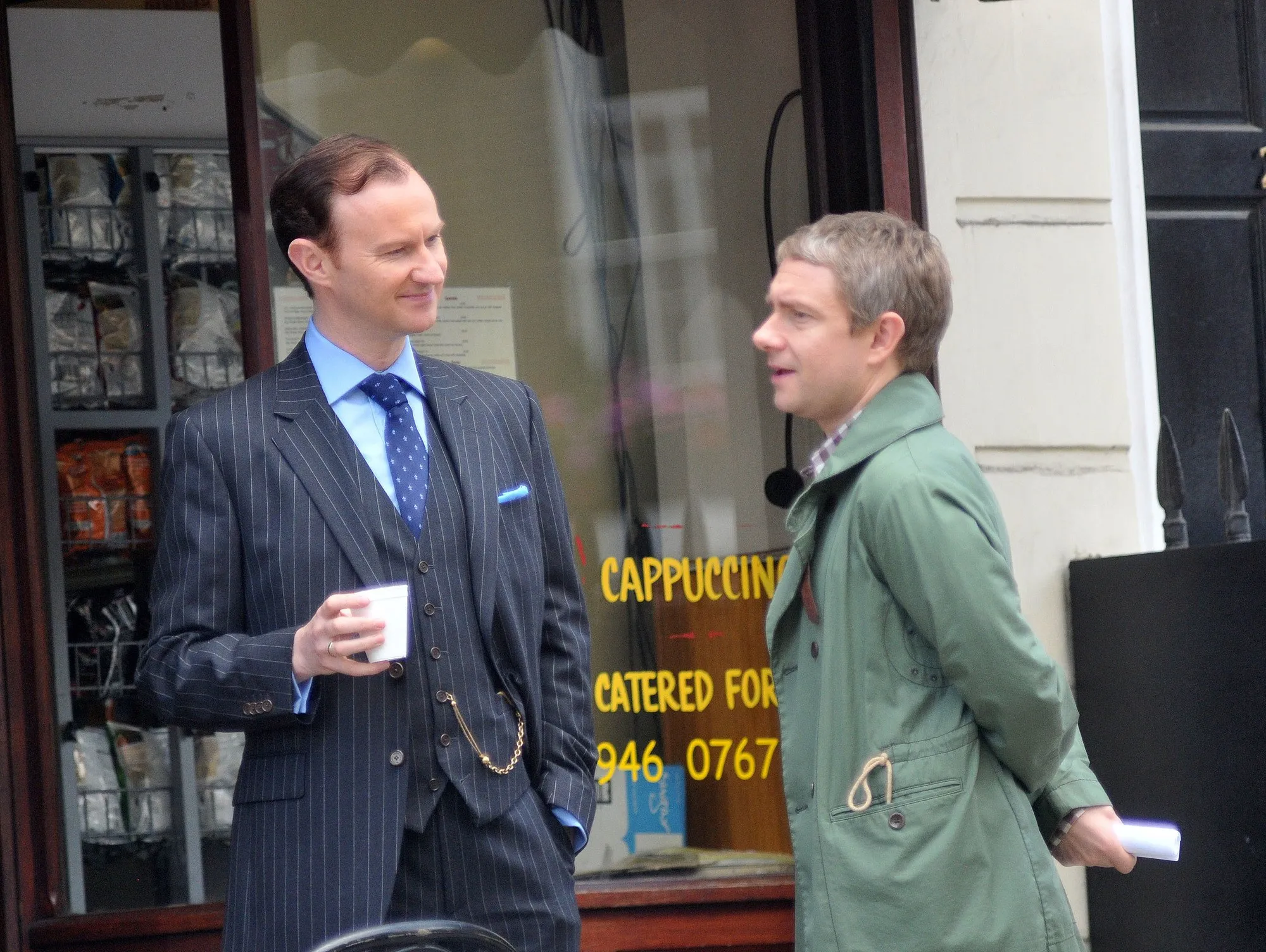 Martin Freeman and Mark Gatiss filming for 
the Sherlock HolmesTV series in London, 2011.