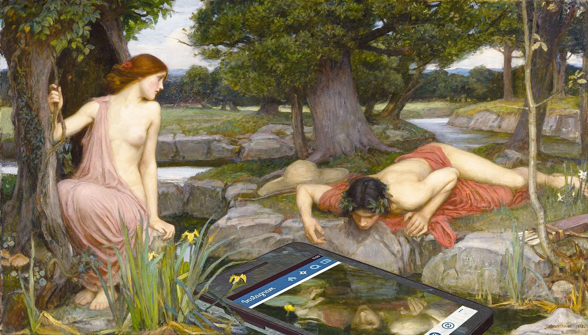 Echo and Narcissus, by John William Waterhouse, 1903, adapted by Dan Cretu, 2015.