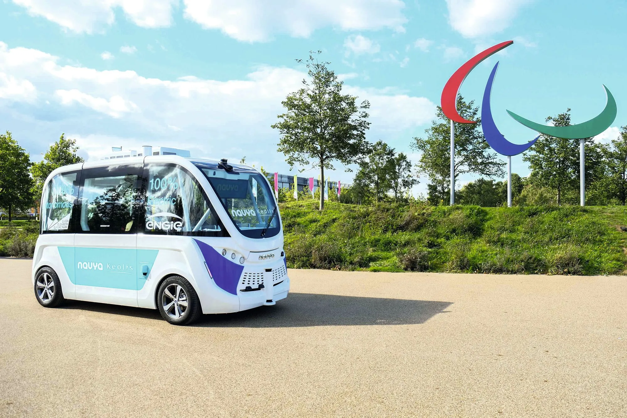 Driverless bus in the Olympic Park, London, 2017.