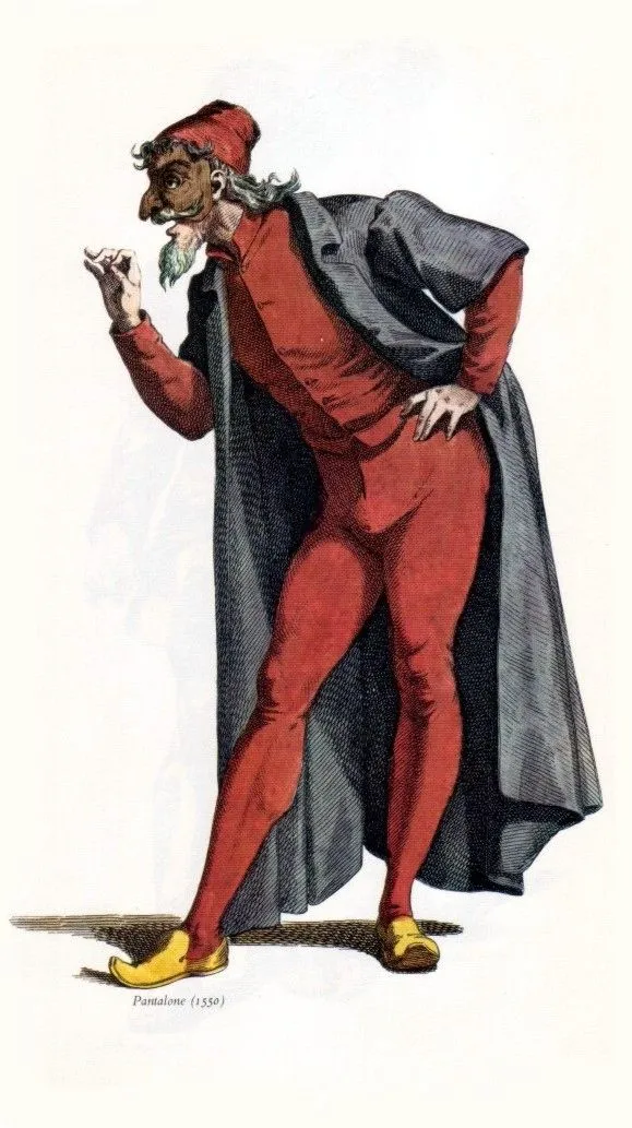 Dessin représentant le personnage de Pantalon (commedia dell'arte), par Maurice Sand, dans Masque et bouffons. Comédie italienne, 1860