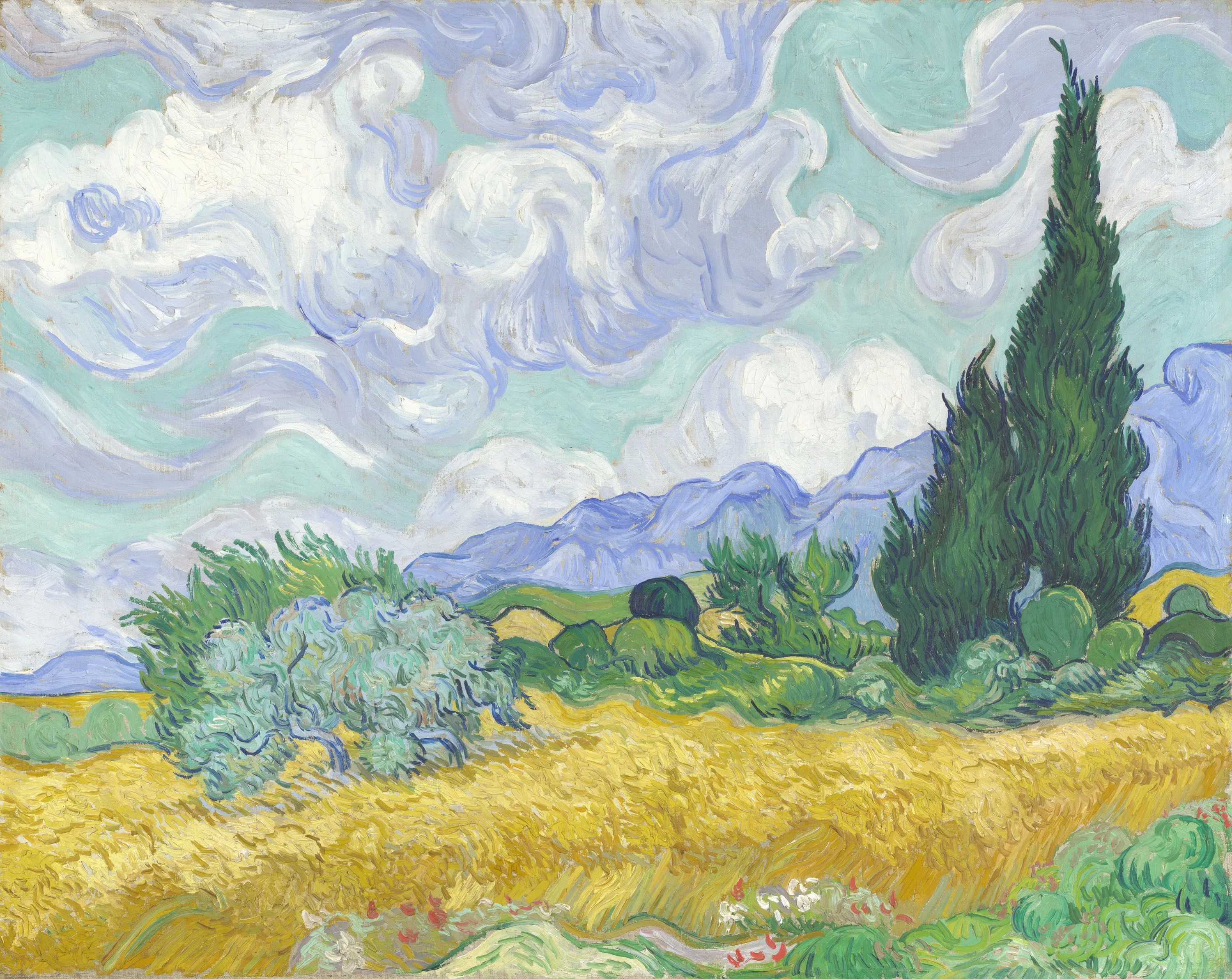 Vincent Van Gogh, Un champ de blés avec cyprès, 1889, huile sur toile, 72,1 × 90,9 cm,
National Gallery, Londres, Royaume-Uni