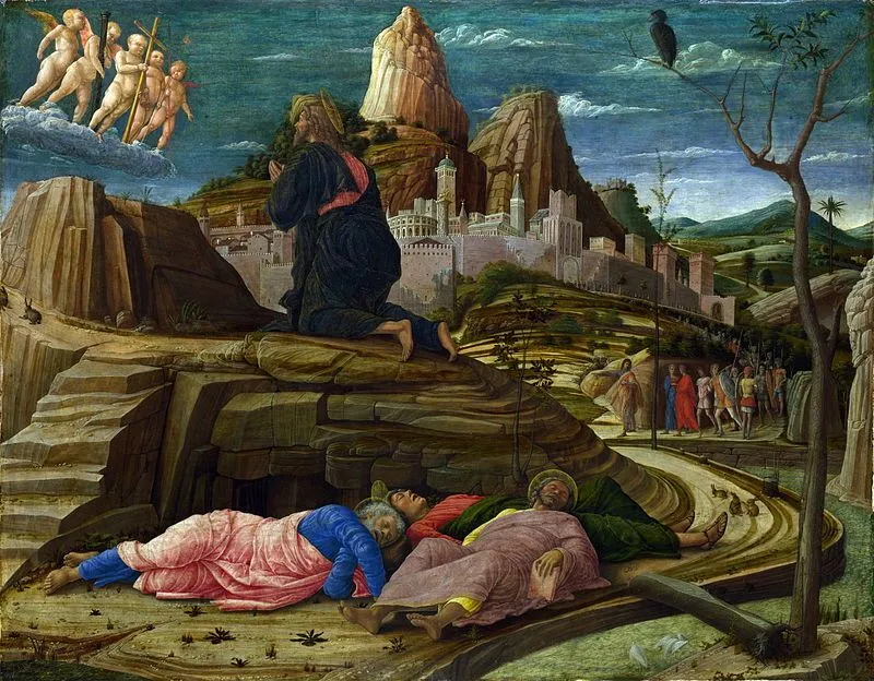 Andrea Mantegna, Agonie au jardin des Oliviers, 1455-1456, tempera sur toile, 62 x 80 cm, National Gallery, Londres, Royaume-Uni