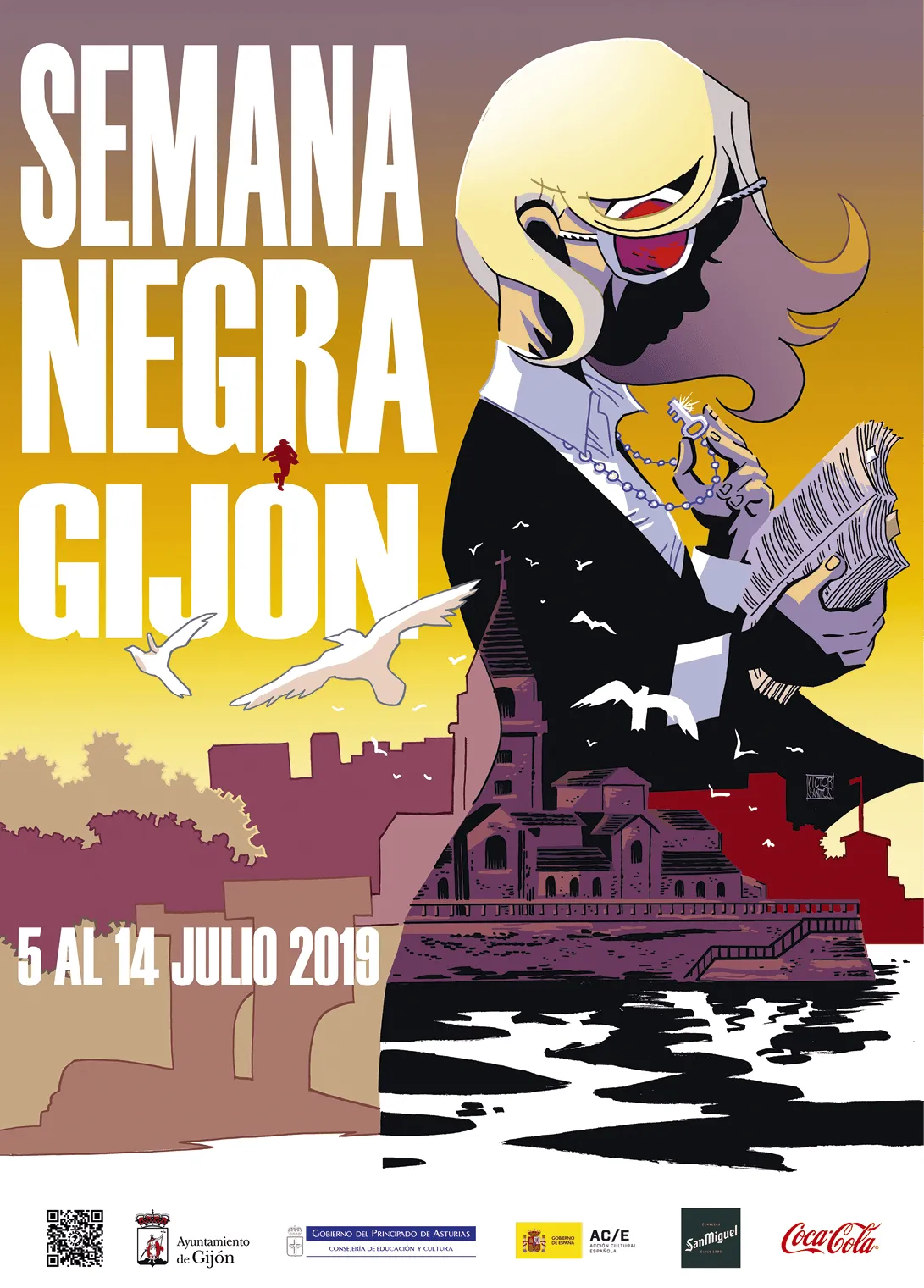 Affiche Semana Negra Gijón 2019 : illustration stylisée d'une femme lisant un livre, sur fond de ville et de mer.  Festival littéraire policier.