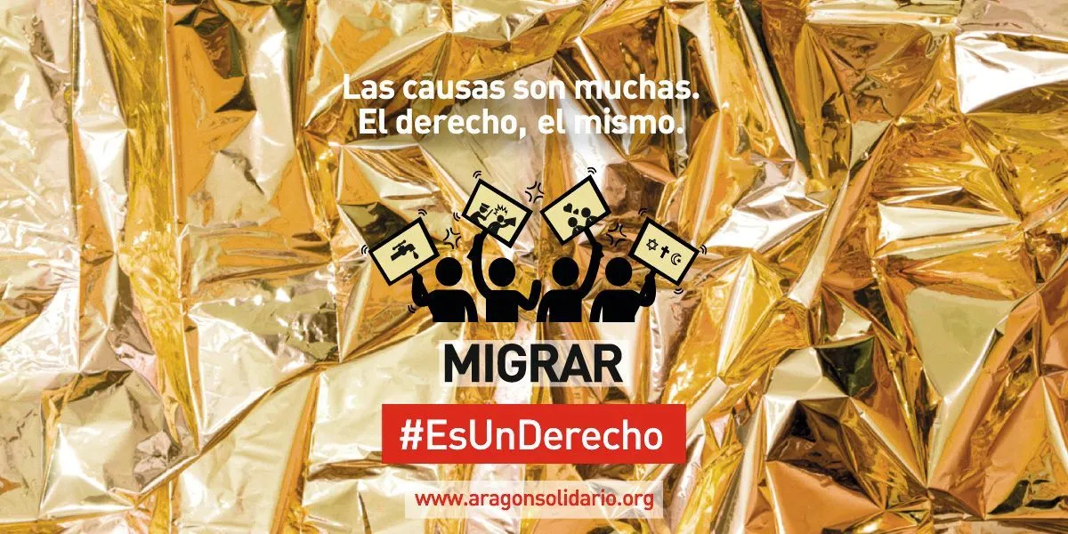 Cartel de la campaña Migrar #EsUnDerecho, Aragón Solidario, 2017.