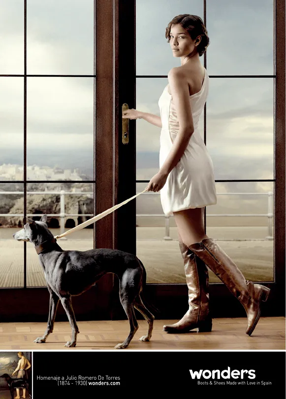 Publicidad de Wonders (2010) para una marca de zapatos, inspirada del cuadro Diana de Julio Romero de Torres, 1924