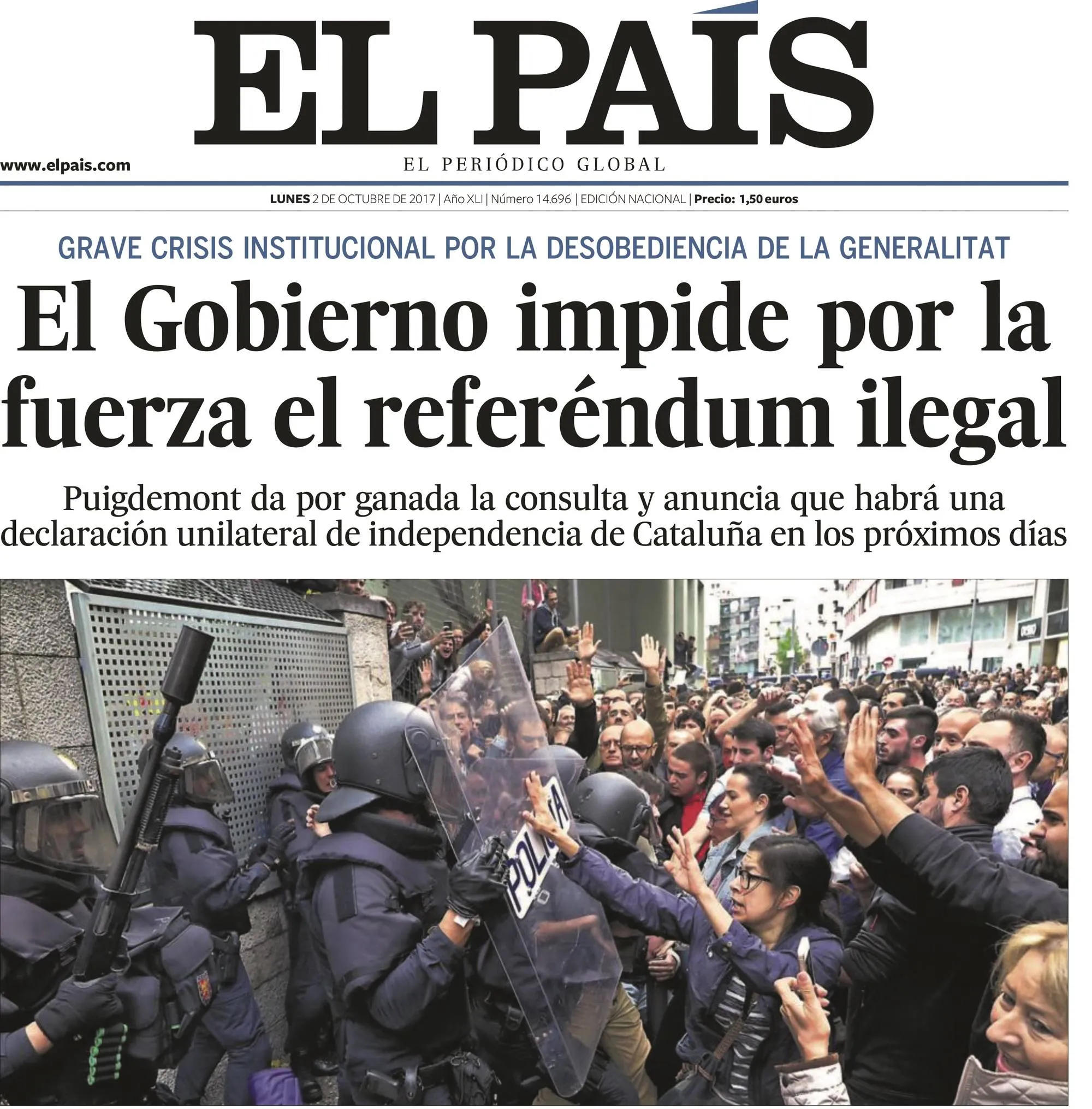 Portada del periódico El País, 02/10/2017.