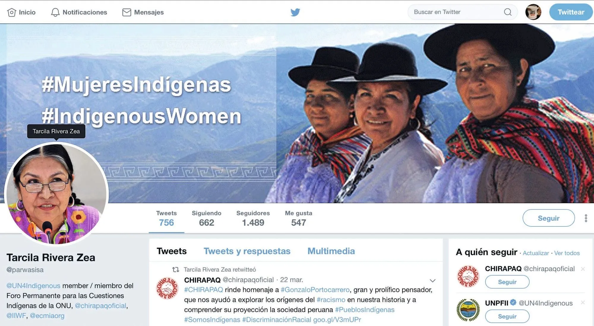 #Mujeresindígenas, página de Twitter de Tarcila Rivera Zea, 2019.
