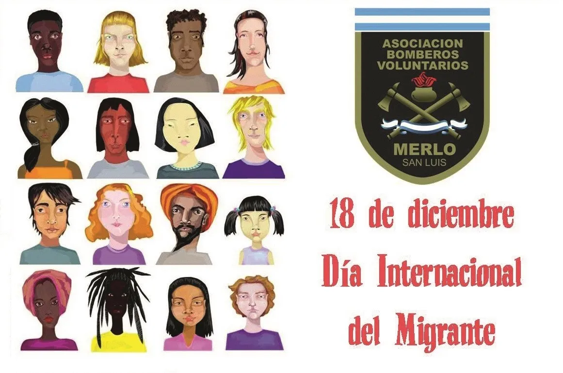 Cartel de la Asociación Bomberos Voluntarios de Merlo, San Luis,
para el Día Internacional del Migrante, Argentina, 2016.