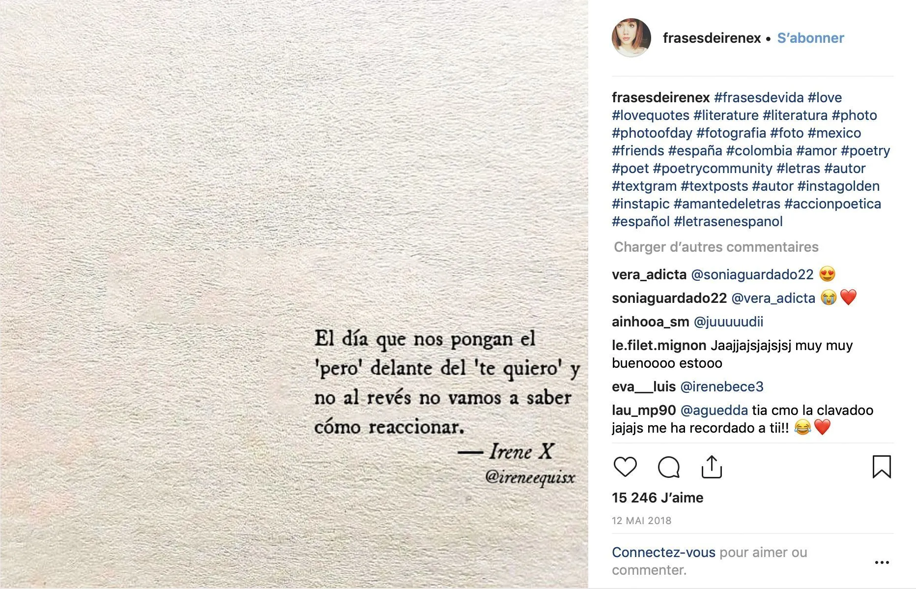 Publicación Instagram de Irene X, 12/05/2018.