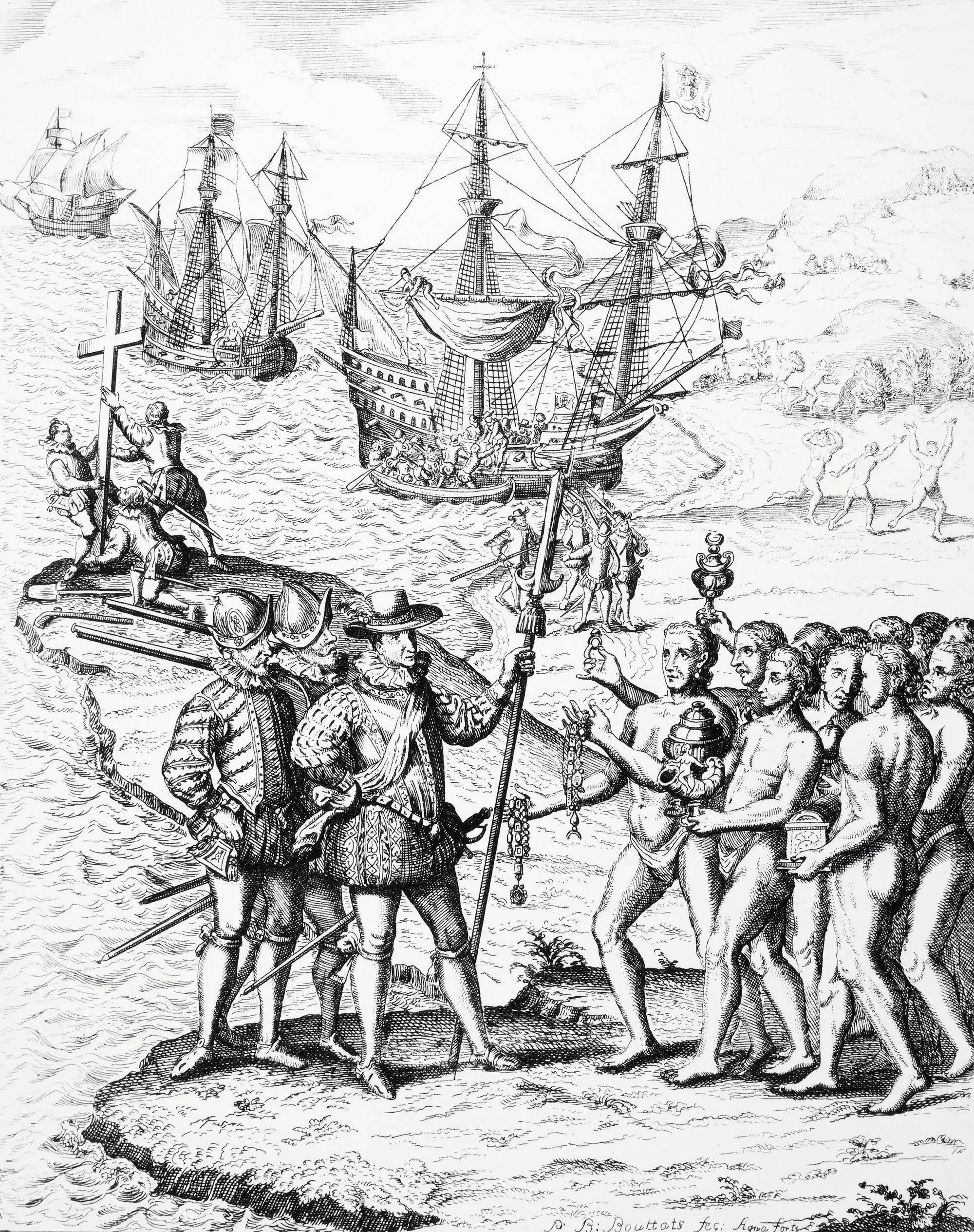 Colón desembarcando en la isla de La Hispaniola, y respondes a esta persona. 1492, grabado español, 1728.