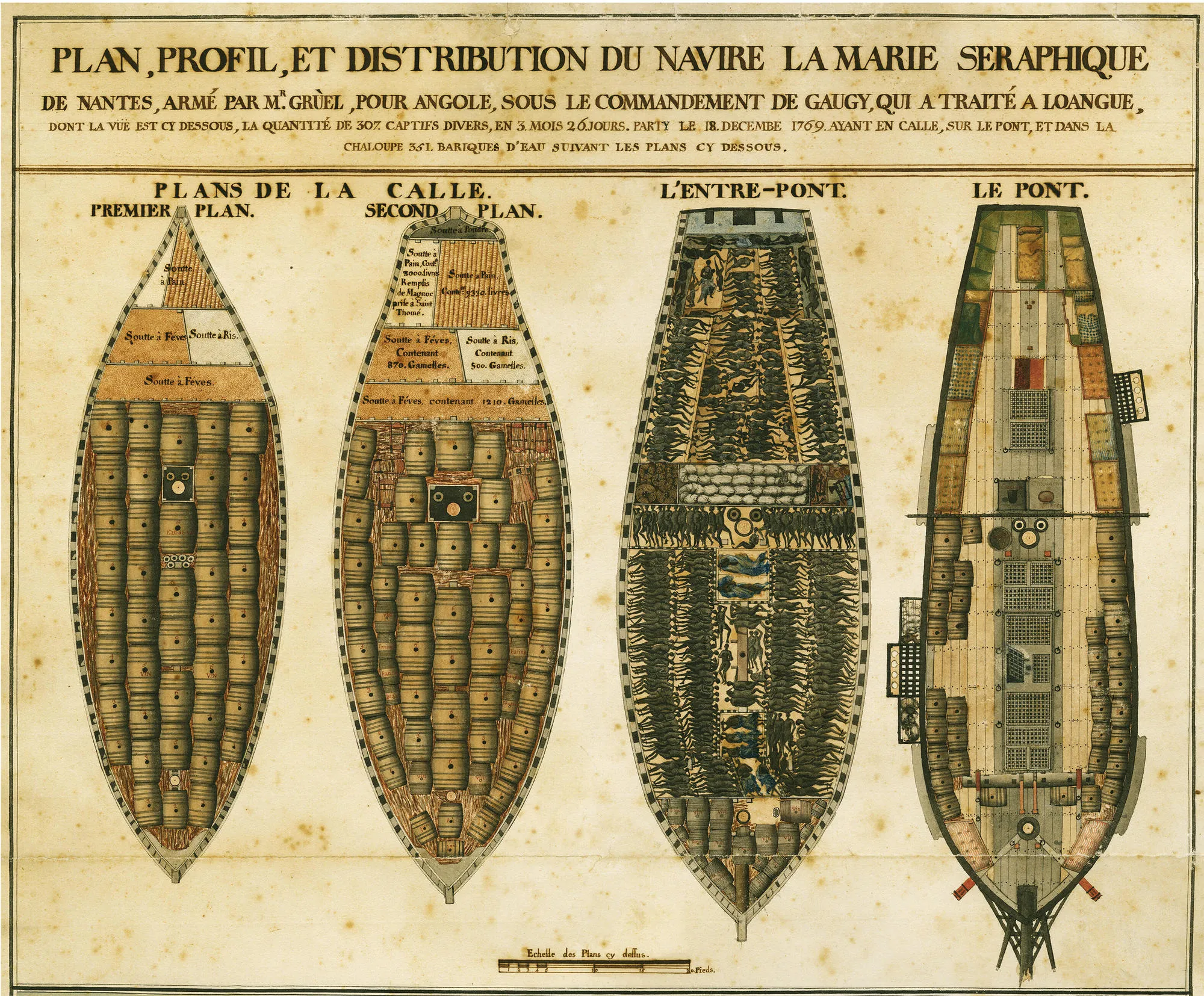 Plan, profil et distribution du navire négrier La Marie Séraphique 1770