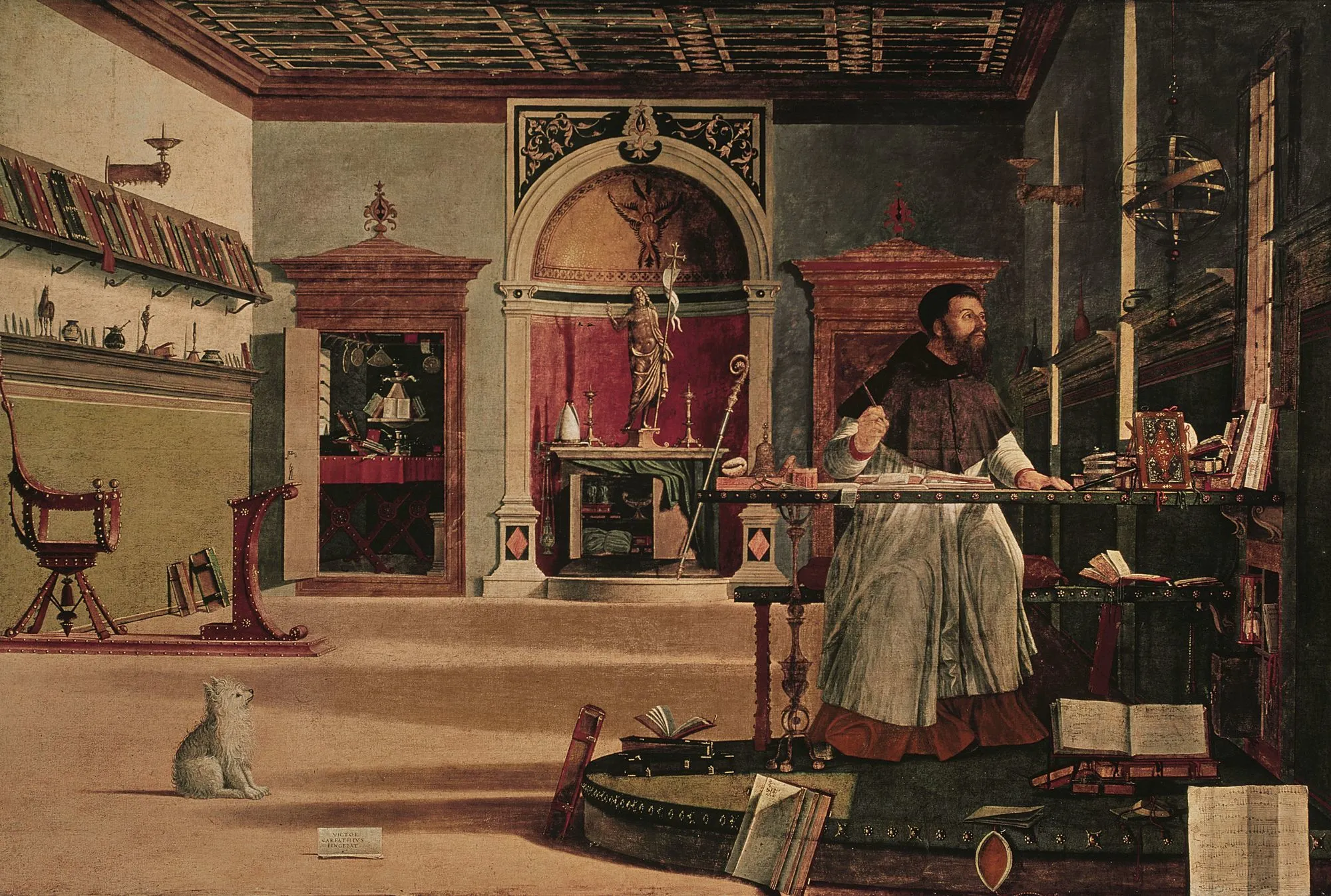 Vittore Carpaccio, La Vision de saint Augustin, 1502, huile sur toile, 144 × 202 cm, Scuola di San Giorgio degli Schiavoni, Venise.
