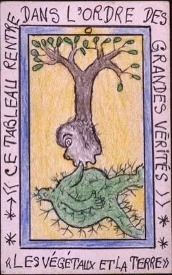 Frédéric Bruly-Bouabré, « Les végétaux et la terre » (série Connaissance du monde), 1991, dessin au crayon de couleur et stylo à bille sur carton, 15×10 cm.
