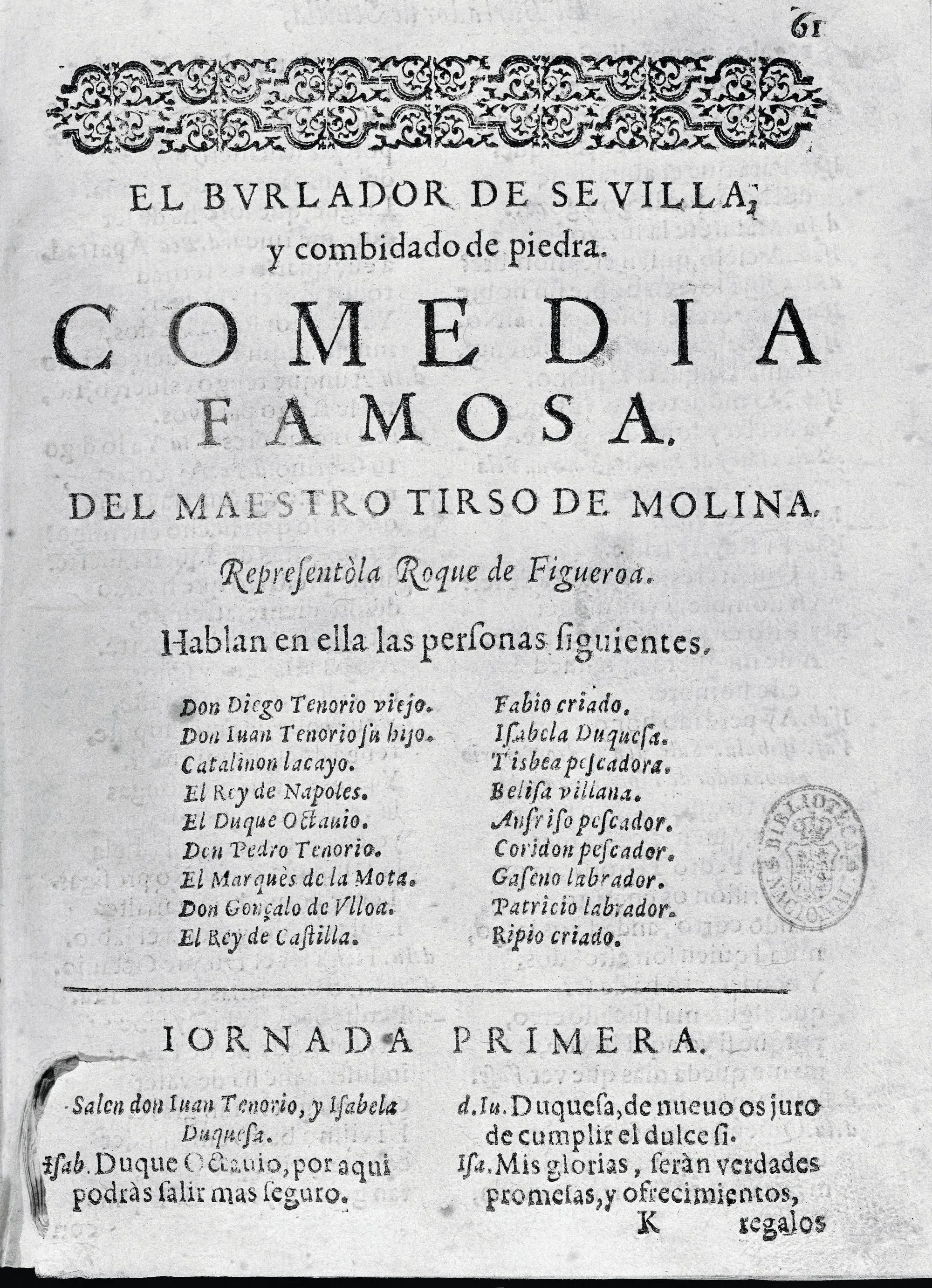 Tirso de Molina, El Burlador de Sevilla, édition du XVIIe siècle, Bibliothèque nationale, Madrid.