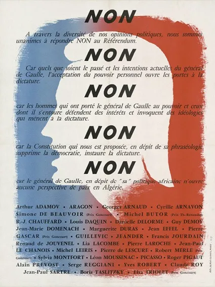 Affiche de campagne contre la Ve République, 1958, signée notamment par Simone de Beauvoir et Jean-Paul Sartre.