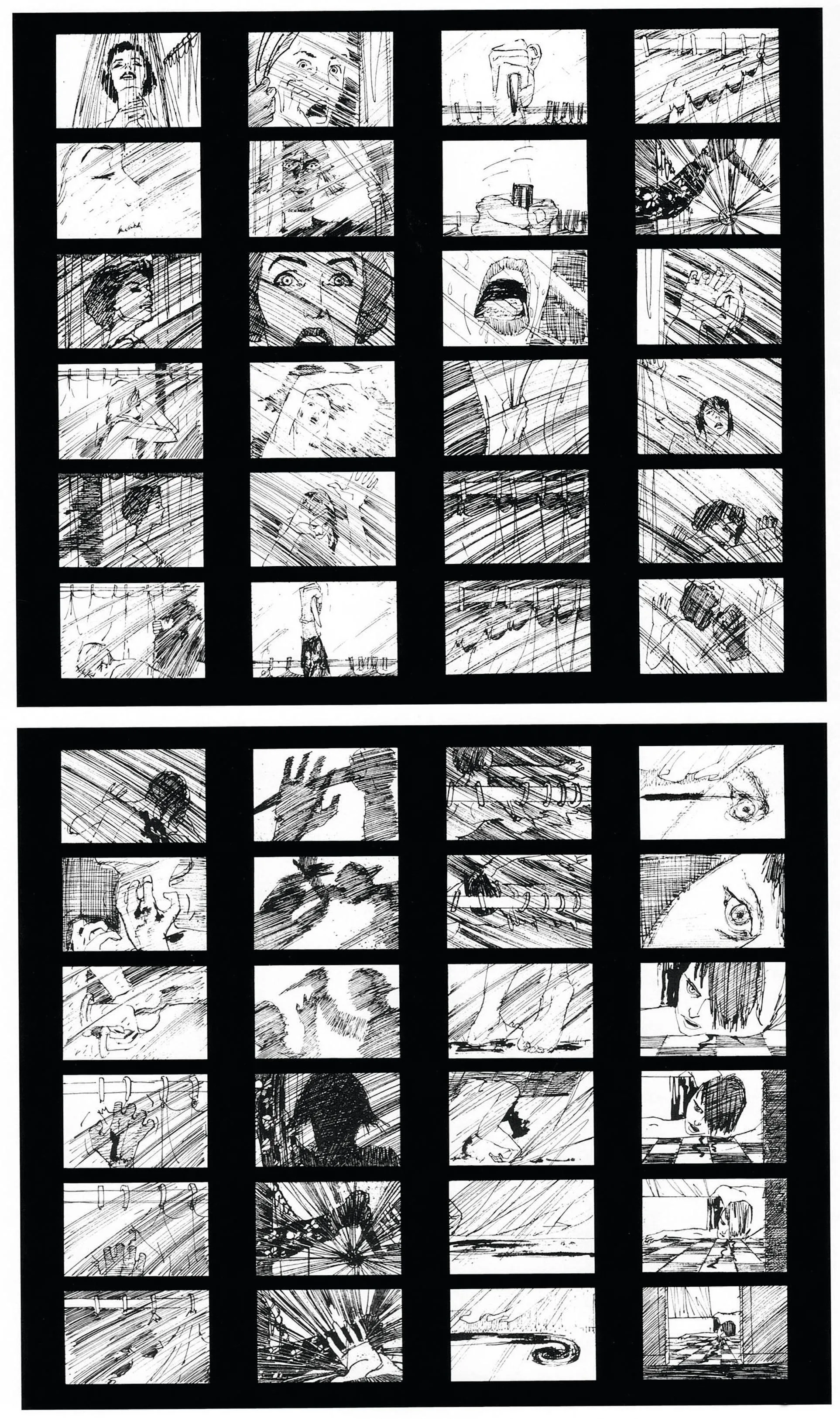 Psychose, réalisé par Alfred Hitchcock, storyboard de Saul Bass, 1960.