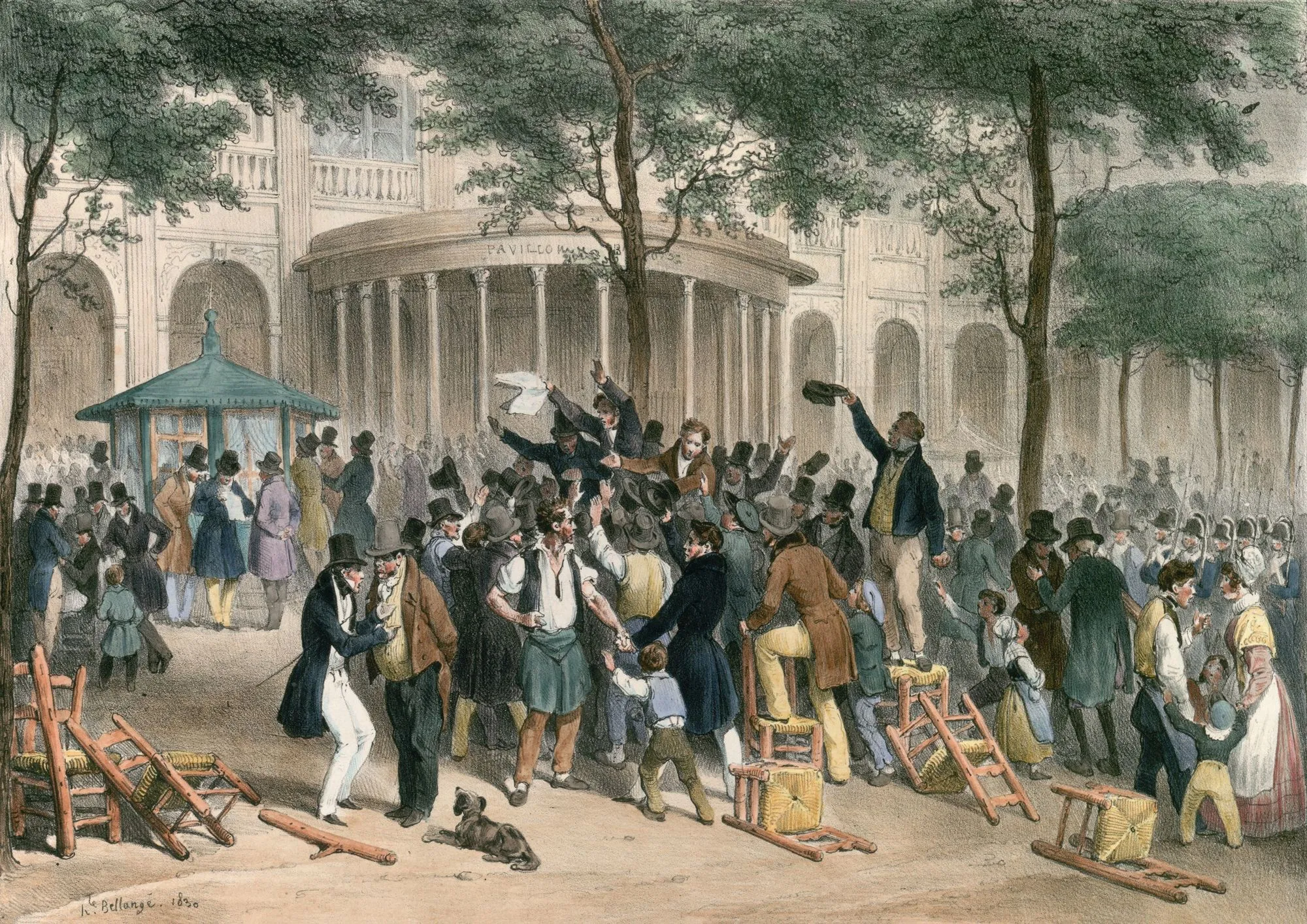 Hippolyte Bellangé, Lecture des ordonnances dans Le Moniteur, au jardin du Palais-Royal, le 26 juillet 1830