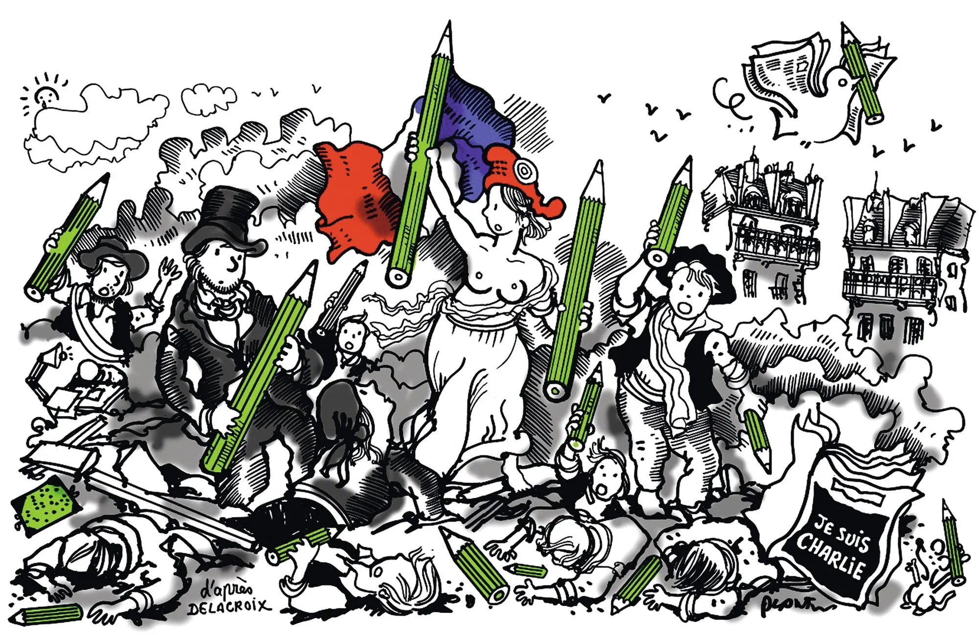 Plantu, « D'après Delacroix », dessin pour la une du Monde, 8 janvier 2015.
