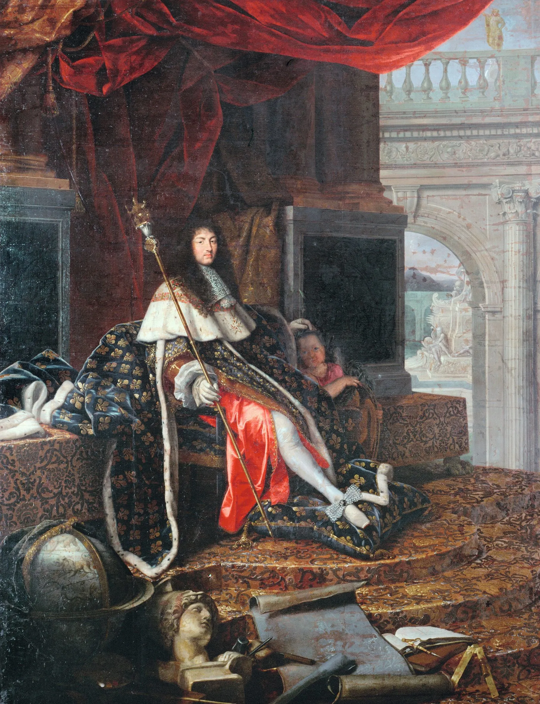 Henri Testelin, Louis XIV protecteur
de l'Académie royale de peinture et de sculpture, 1668, huile sur toile, 390 × 290 cm,
château de Versailles.