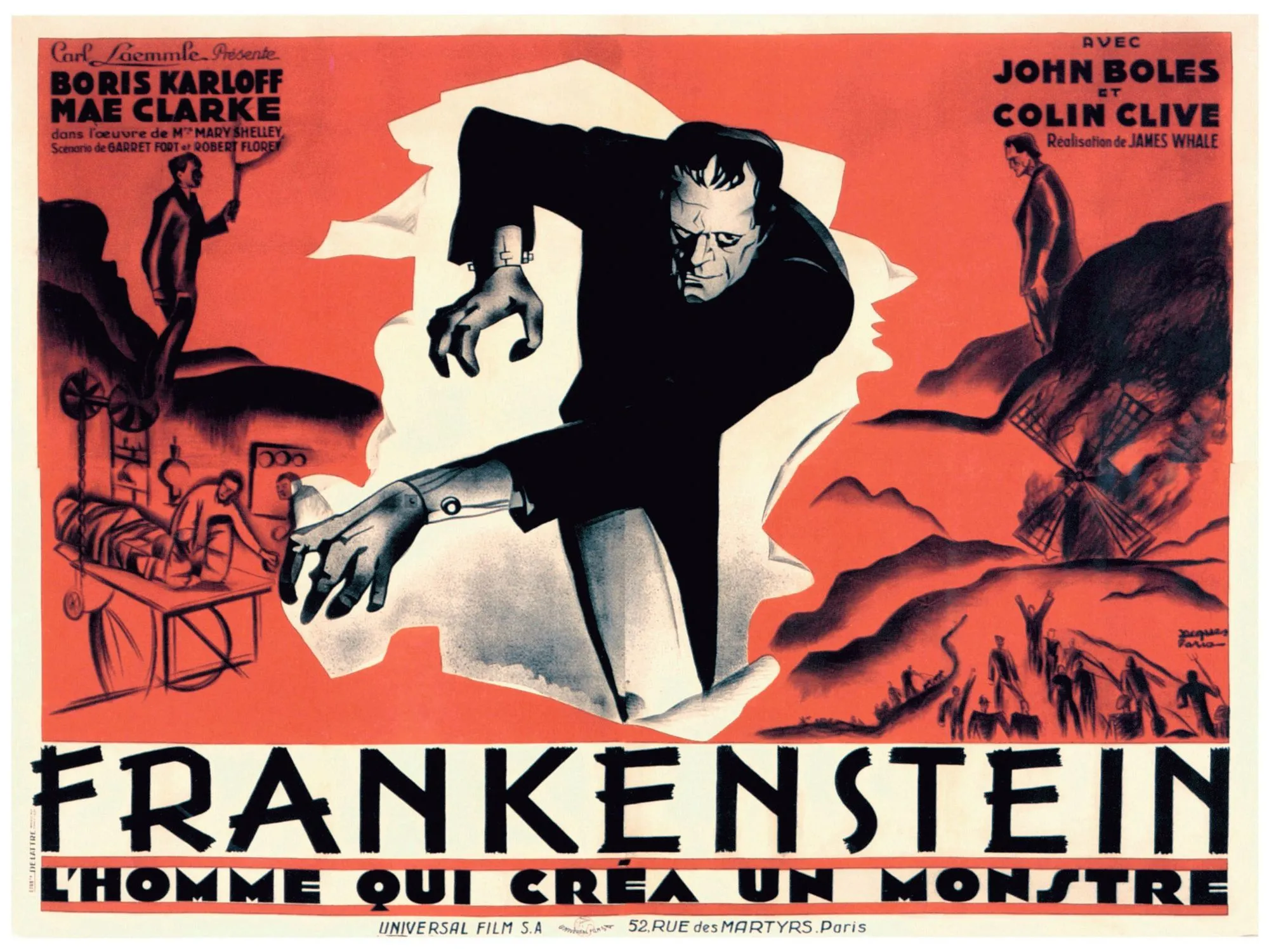 Affiche française du film Frankenstein, réalisé par James Whale avec Boris Karloff (le Monstre) et Colin Clive (Docteur Frankenstein), 1931.
