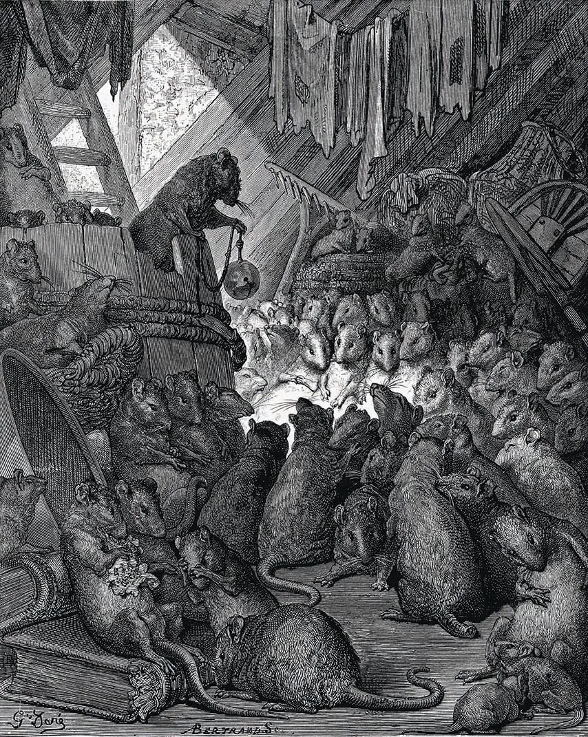 Gustave Doré, Conseil tenu par les rats, 1867, gravure, 23,5 × 19 cm, BnF.
