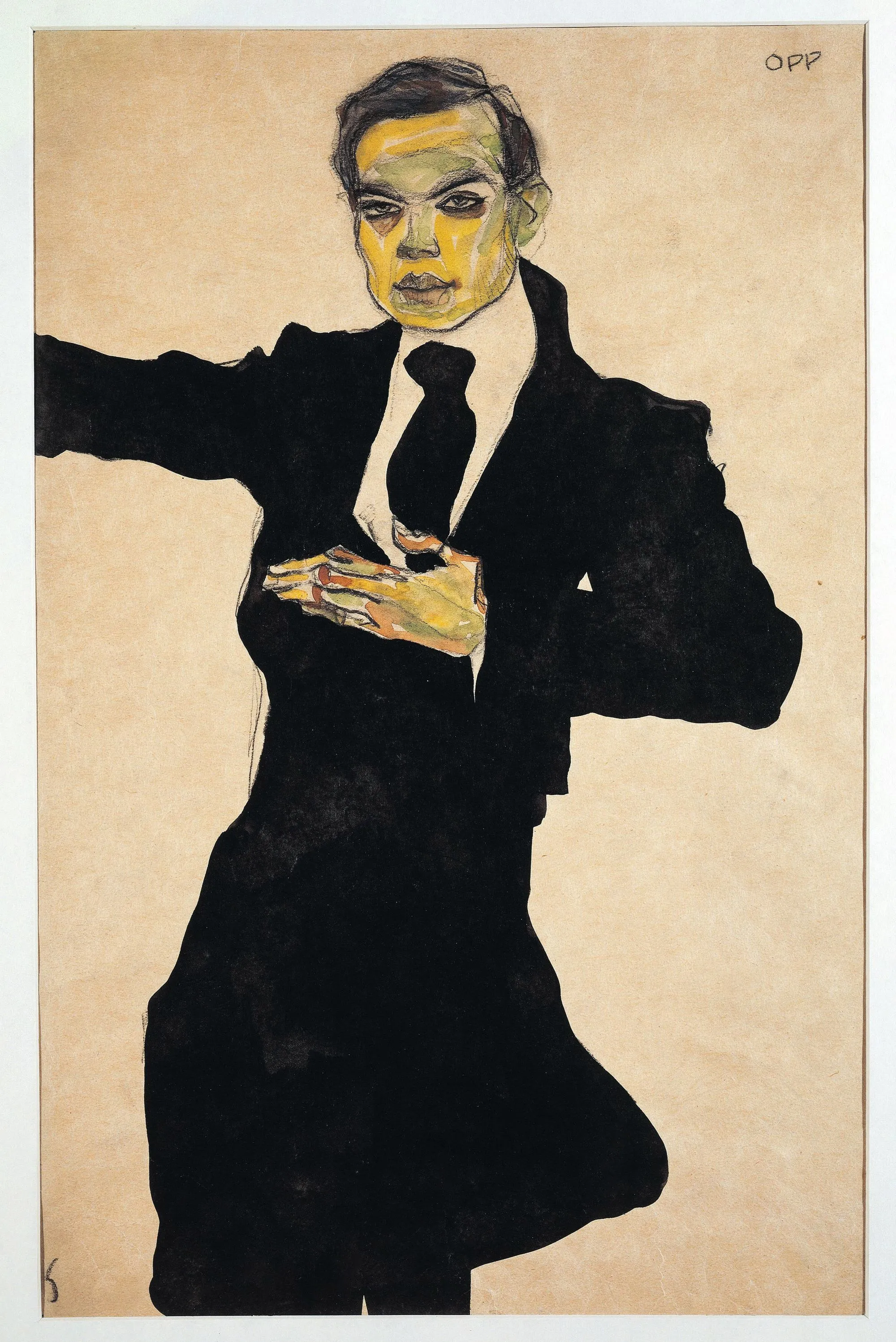 Egon Schiele, Portrait de Max Oppenheimer, 1910, crayon noir, encre et aquarelle sur papier, Graphische Sammlung Albertina, Vienne.