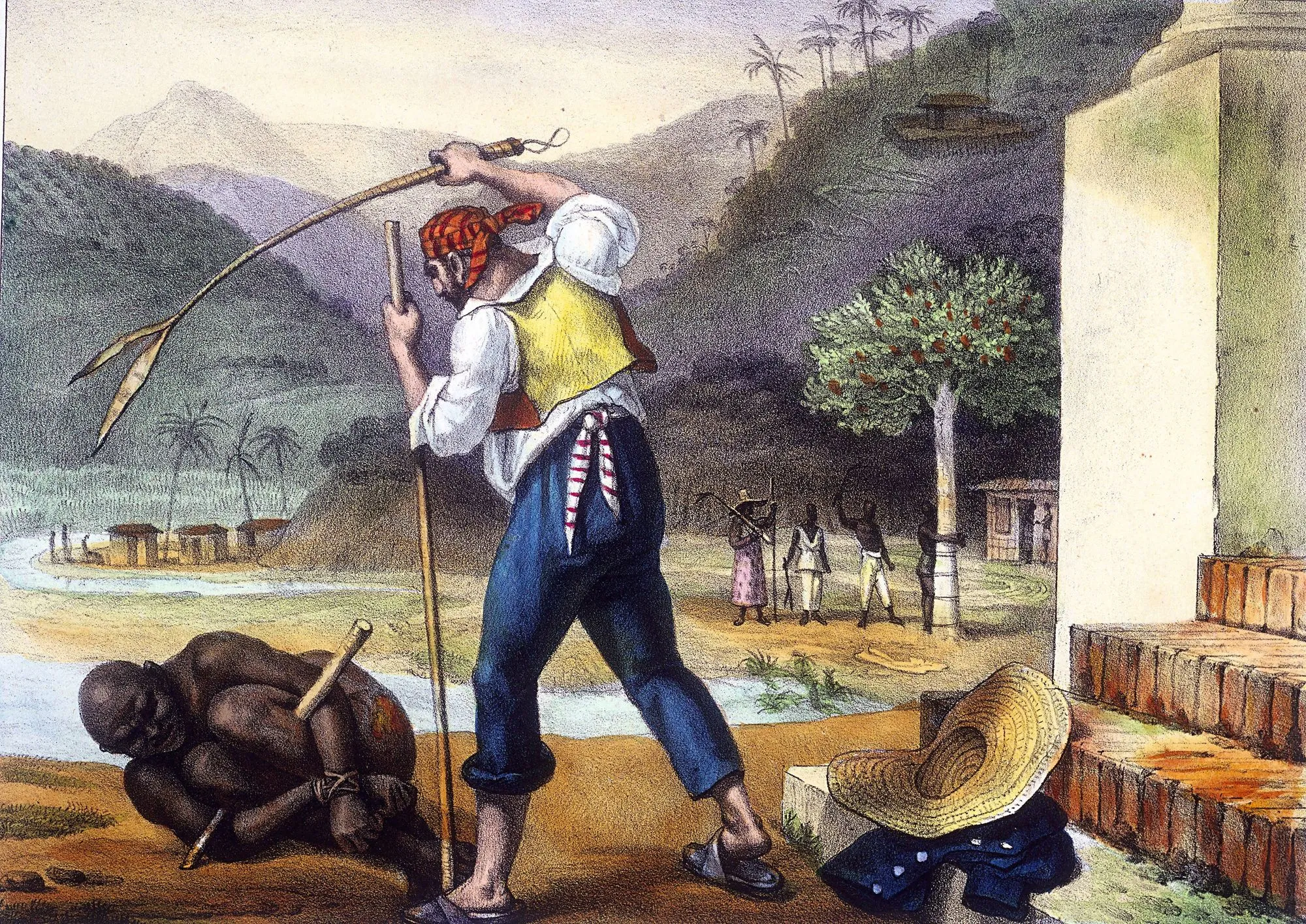 Feitors corrigeant des nègres, lithographie coloriée, d'après Jean-Baptiste Debret, Voyage pittoresque et historique au Brésil, 1834 - 39.