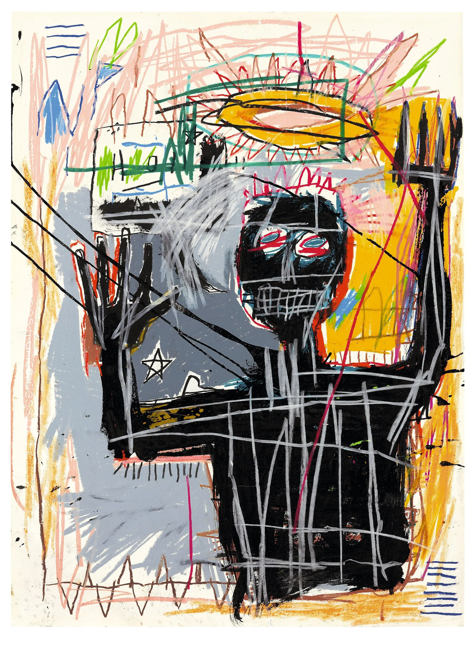 Jean-Michel Basquiat, Furious Man, 1982, bâton à l'huile, acrylique, crayon gras et encre sur papier, 76 × 56 cm, collection privée.