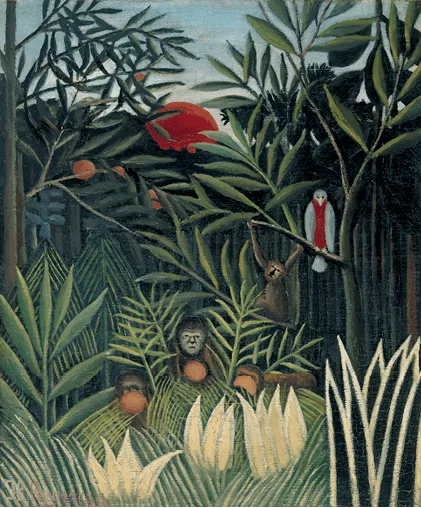 Henri Rousseau, dit le Douanier Rousseau, Singes et perroquet dans la forêt vierge, 1905-1906, huile sur toile, 56 × 47 cm, Philadelphie, États-Unis.