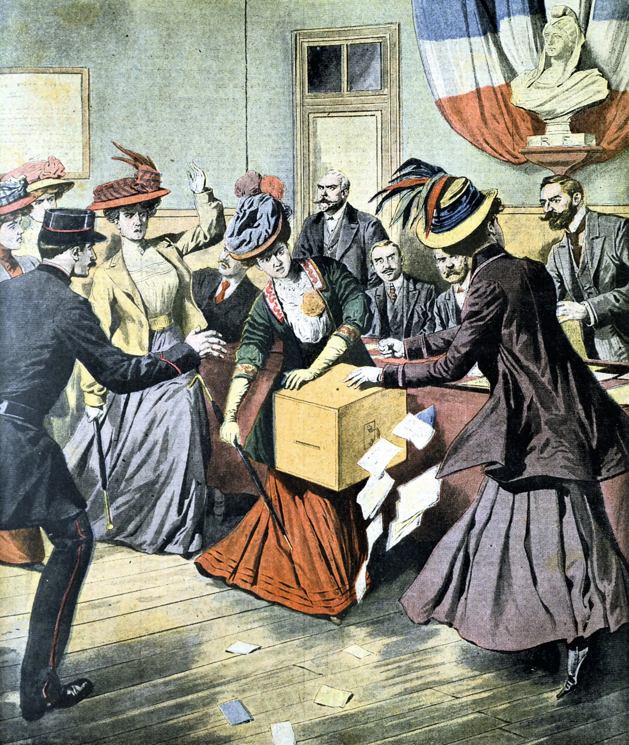 L'action féministe : les « suffragettes » envahissent une section de vote et s'emparent de l'urne électorale, une du Petit Journal : supplément illustré, n° 913, 17 mai 1908.