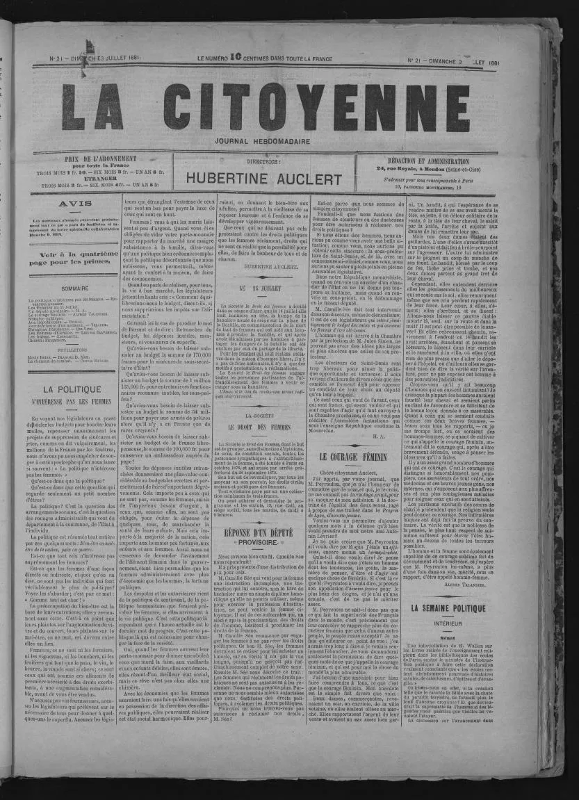 Une du journal militant, La citoyenne, du 3 juillet 1881, fondé par Hubertine Auclert en 1881
