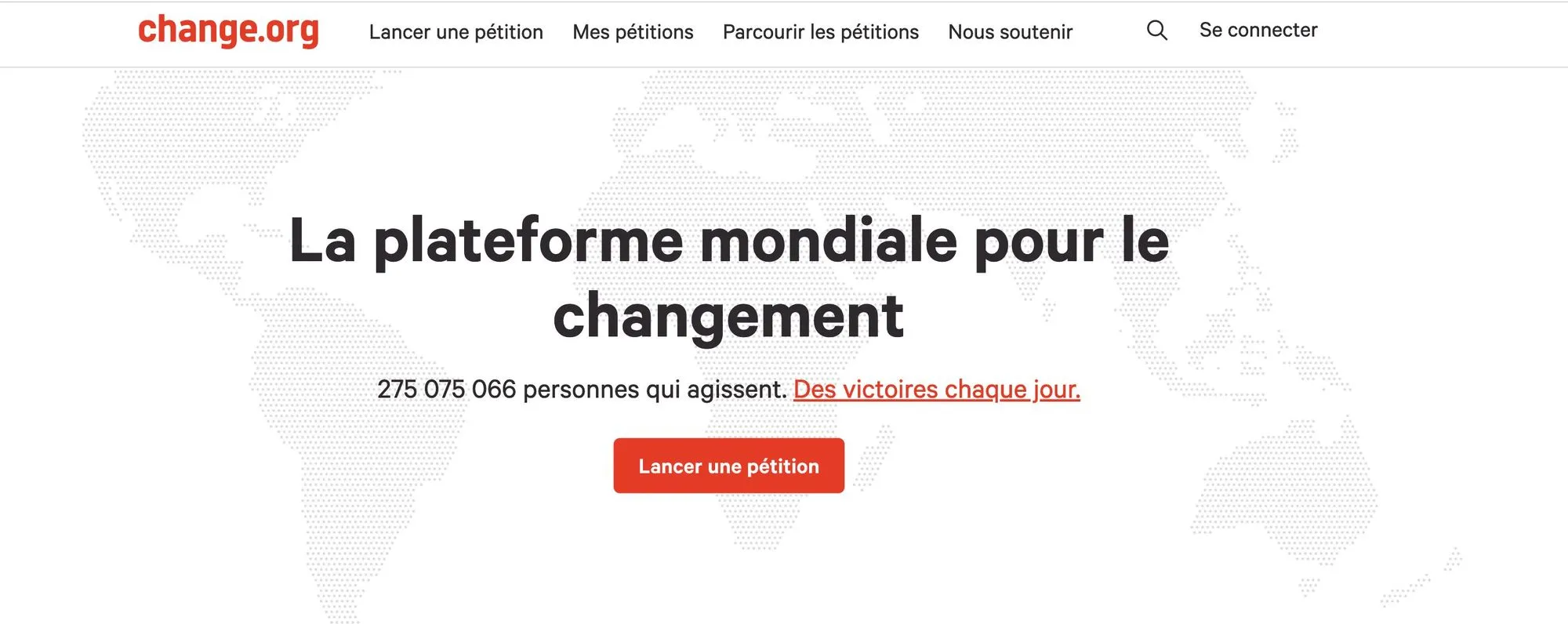Capture d'écran du site Change.org, qui propose de créer des pétitions visibles dans le monde entier