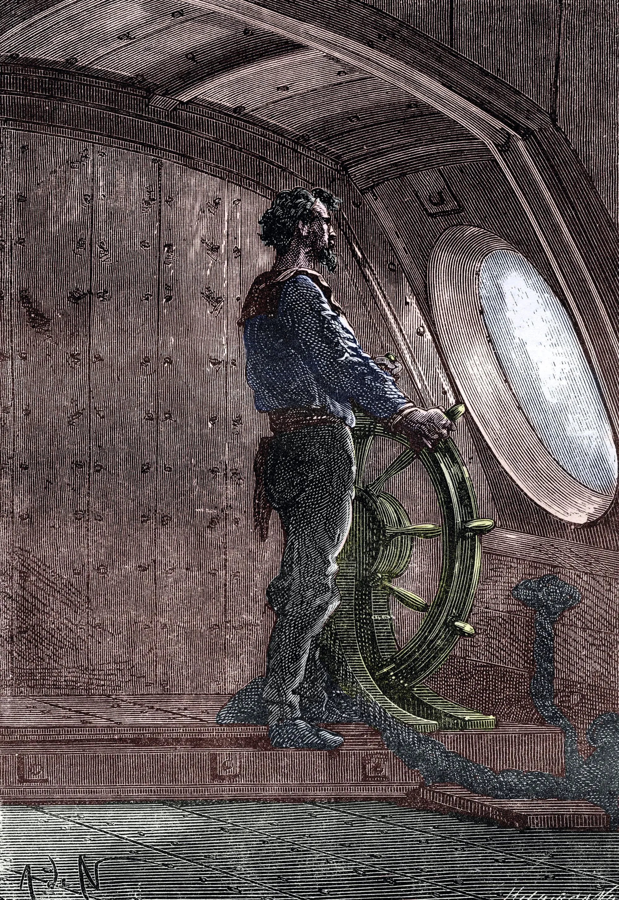 Gravure représentant le capitaine
Nemo à la barre du Nautilus, 1870,
Éditions Hetzel.