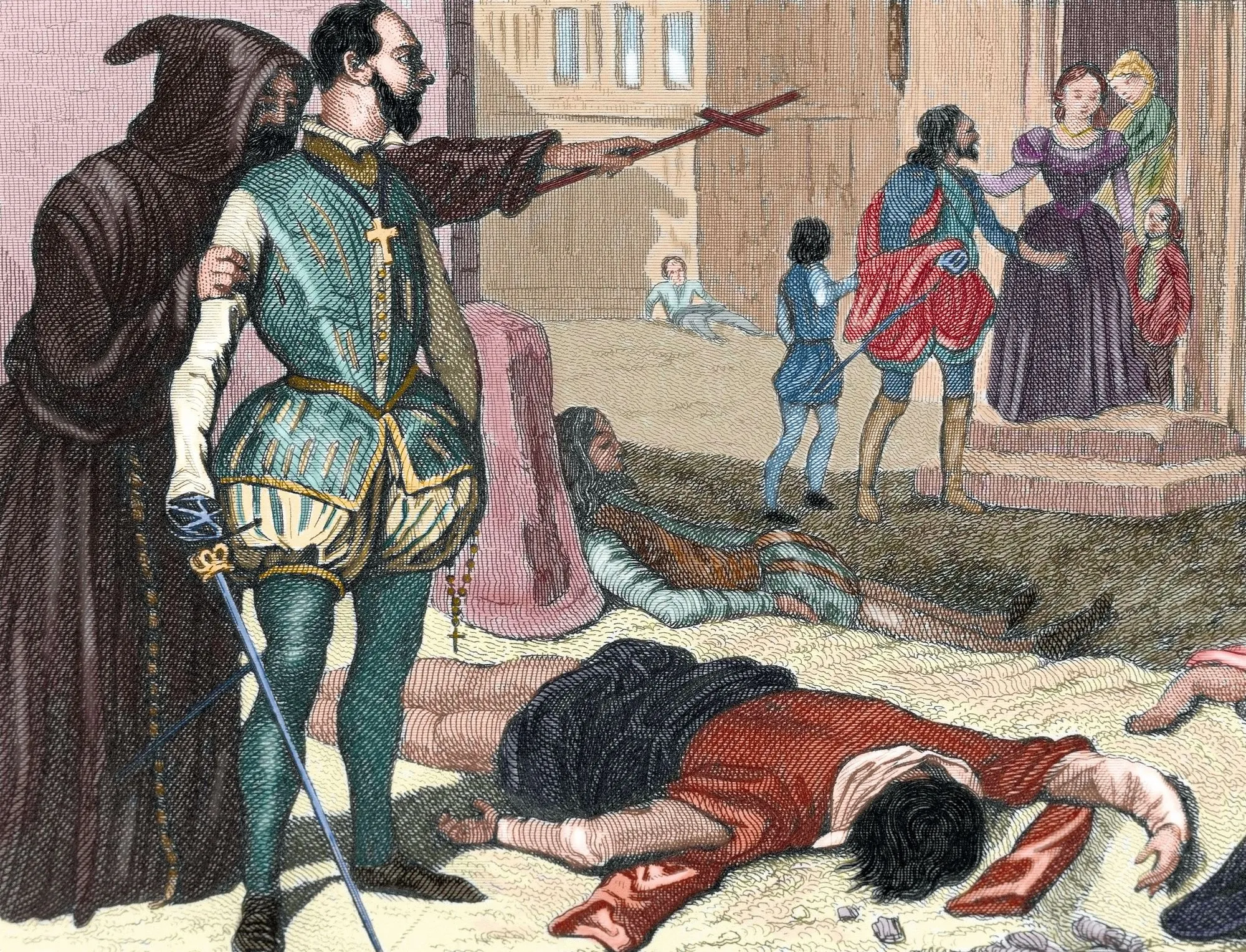 Anonyme, Un prêtre catholique enjoint un noble à tuer des protestants pendant le massacre de la Saint-Barthélémy, gravure colorisée, XIXe siècle.